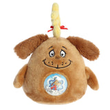 Round brown Max the dog character plushie with giant yellow antler and magical globe belly of snowflake confetti