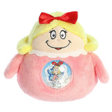 Round Cindy Lou Who character plushie with red bow on her head and magical globe belly of snowflake confetti