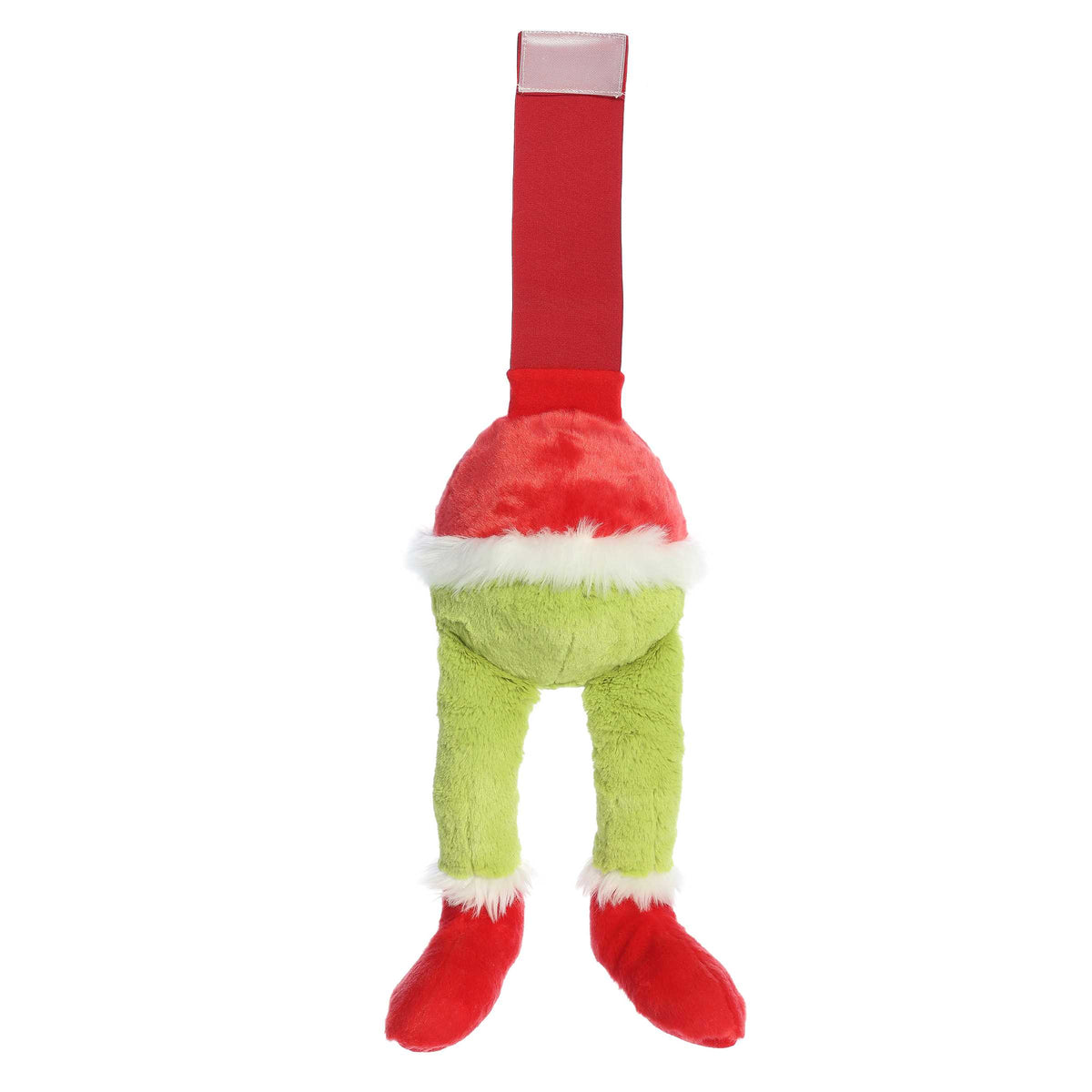 Bottom half of the Grinch plush doll in a Santa outfit intended for the trunk of a car for a festive decoration