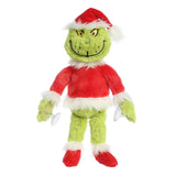 Grinch plush doll with suction cups, dressed in Santa-themed outfit intended to stick on windows for a festive decoration