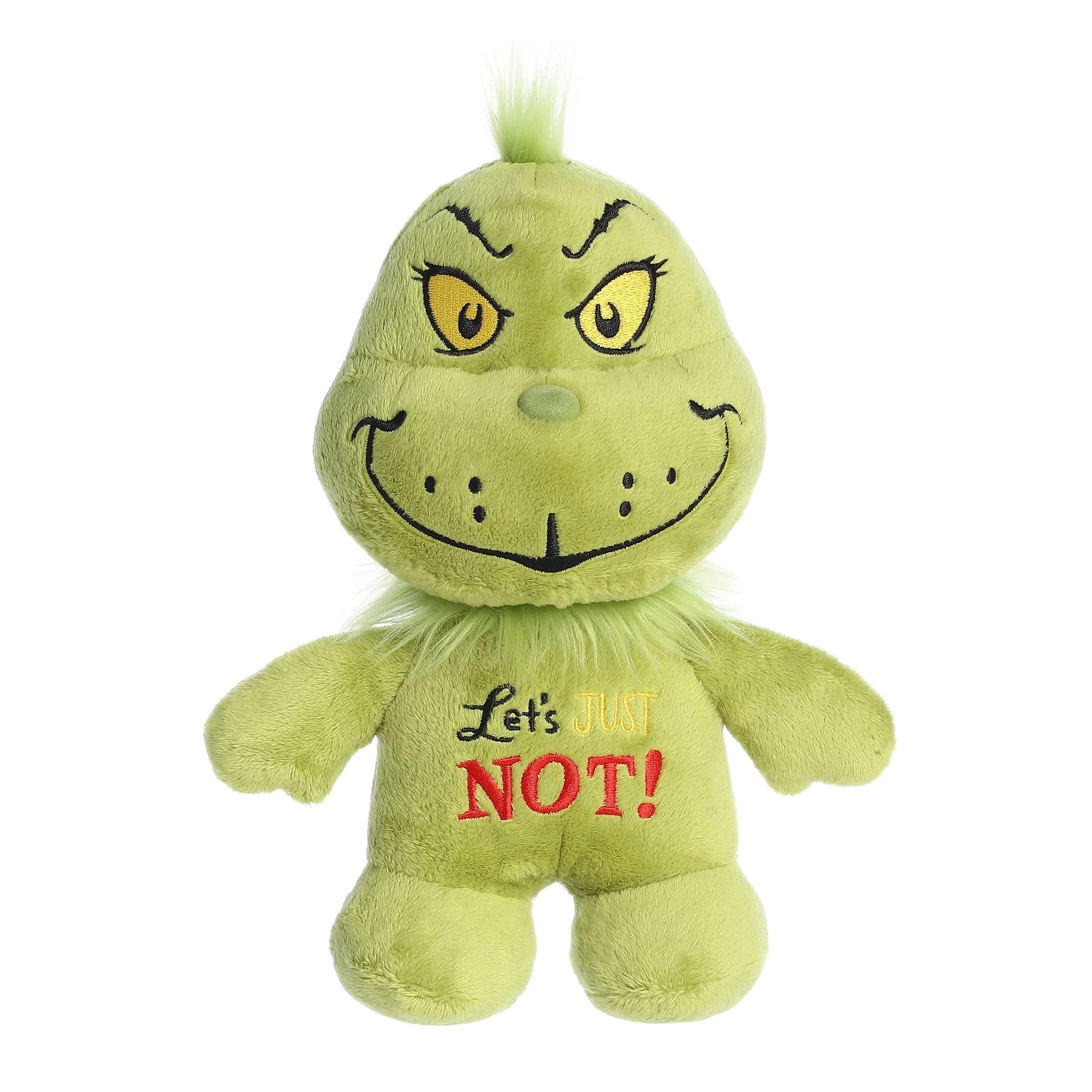 Playful 'Seuss Wisdom Grinch Plush' with a sneer and witty quote, capturing the timeless charm and humor of Dr. Seuss.
