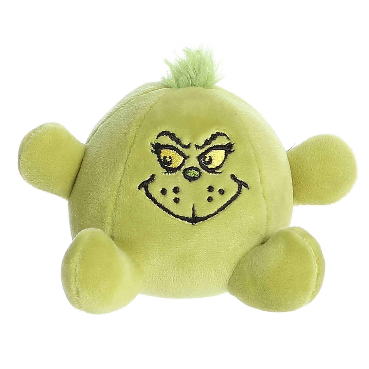 Stress ball Grinch plush with Grinch's grimace and "Resting Grinch Face" quote embroidered on back by Dr. Seuss.