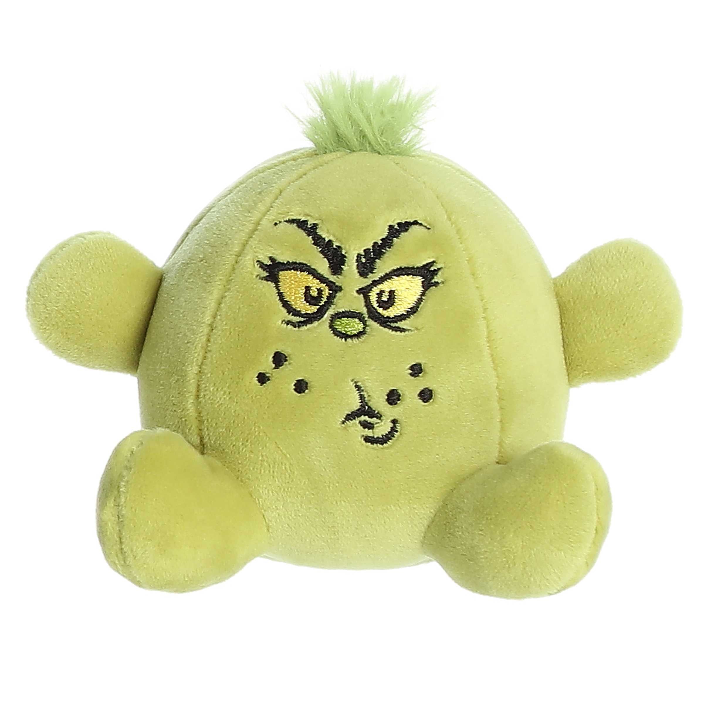 Dr. Seuss themed stress ball Grinch plush with grumpy face and "Stink Stank Stunk" embroidered on the back