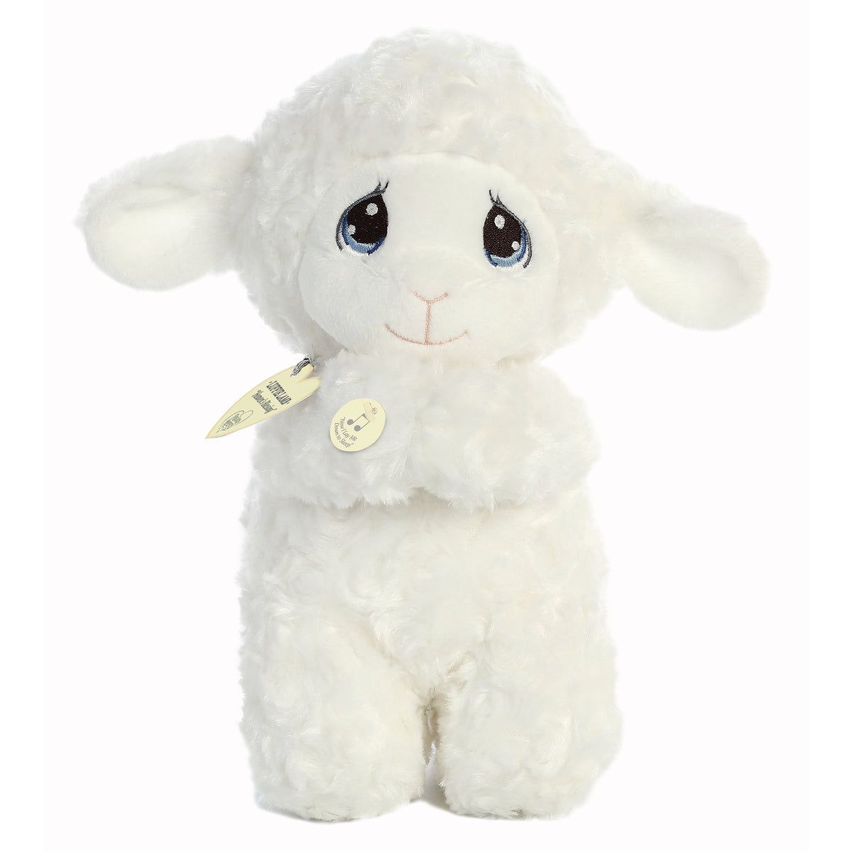 Luffie Praying Lamb from Precious Moments, featuring plush curly fleece and a serene expression, symbolizes love and faith