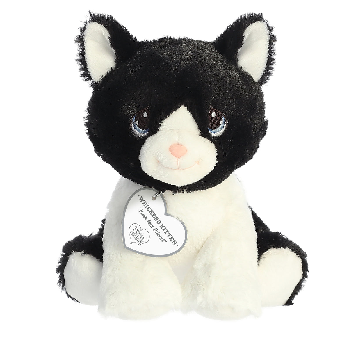 A sitting-down black and white kitten plush with tear-drop eyes and a precious moments inspirational tag around its neck.