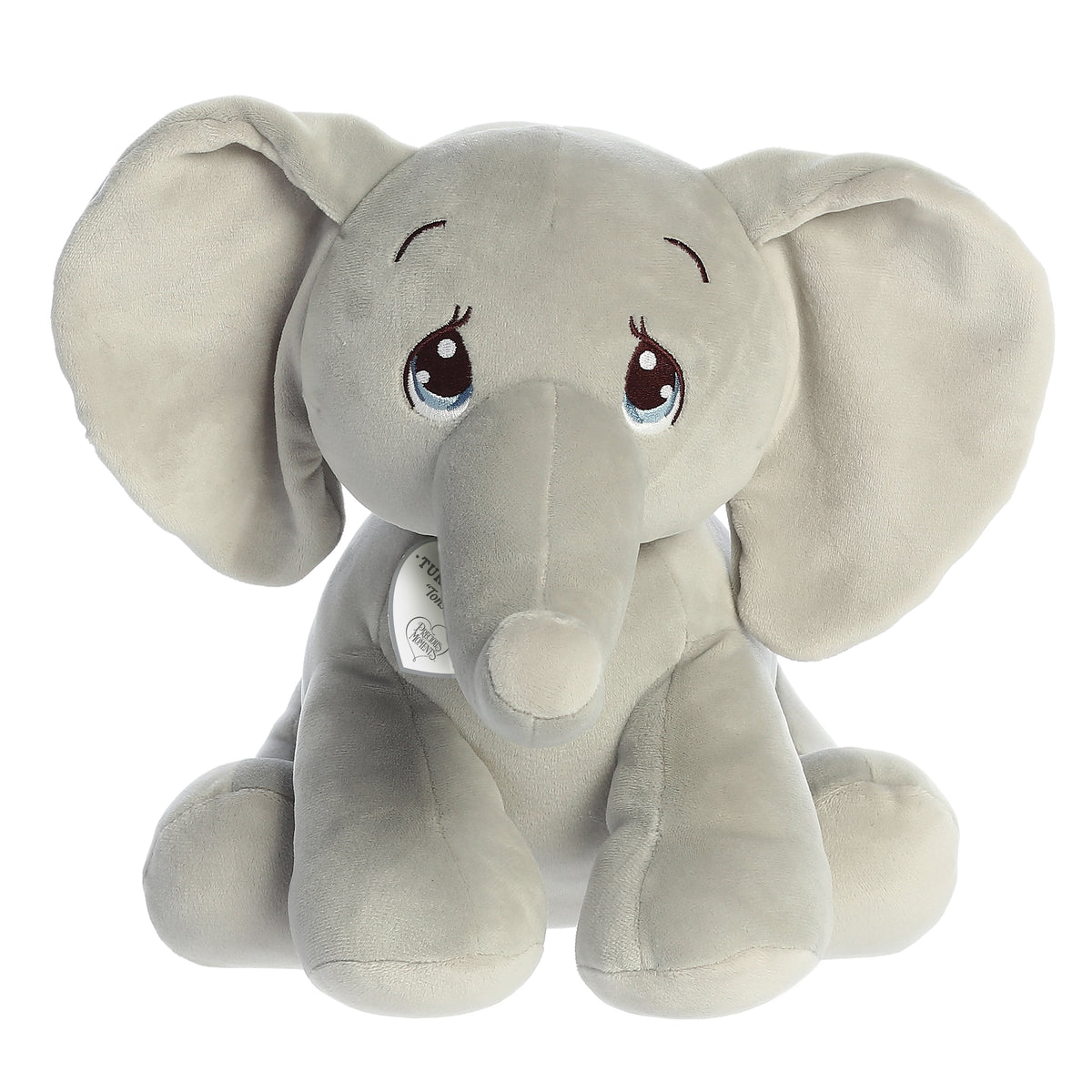 A seated squishy elephant plush with big teardrop-shaped eyes, flappy ears, and an inspirational tag.
