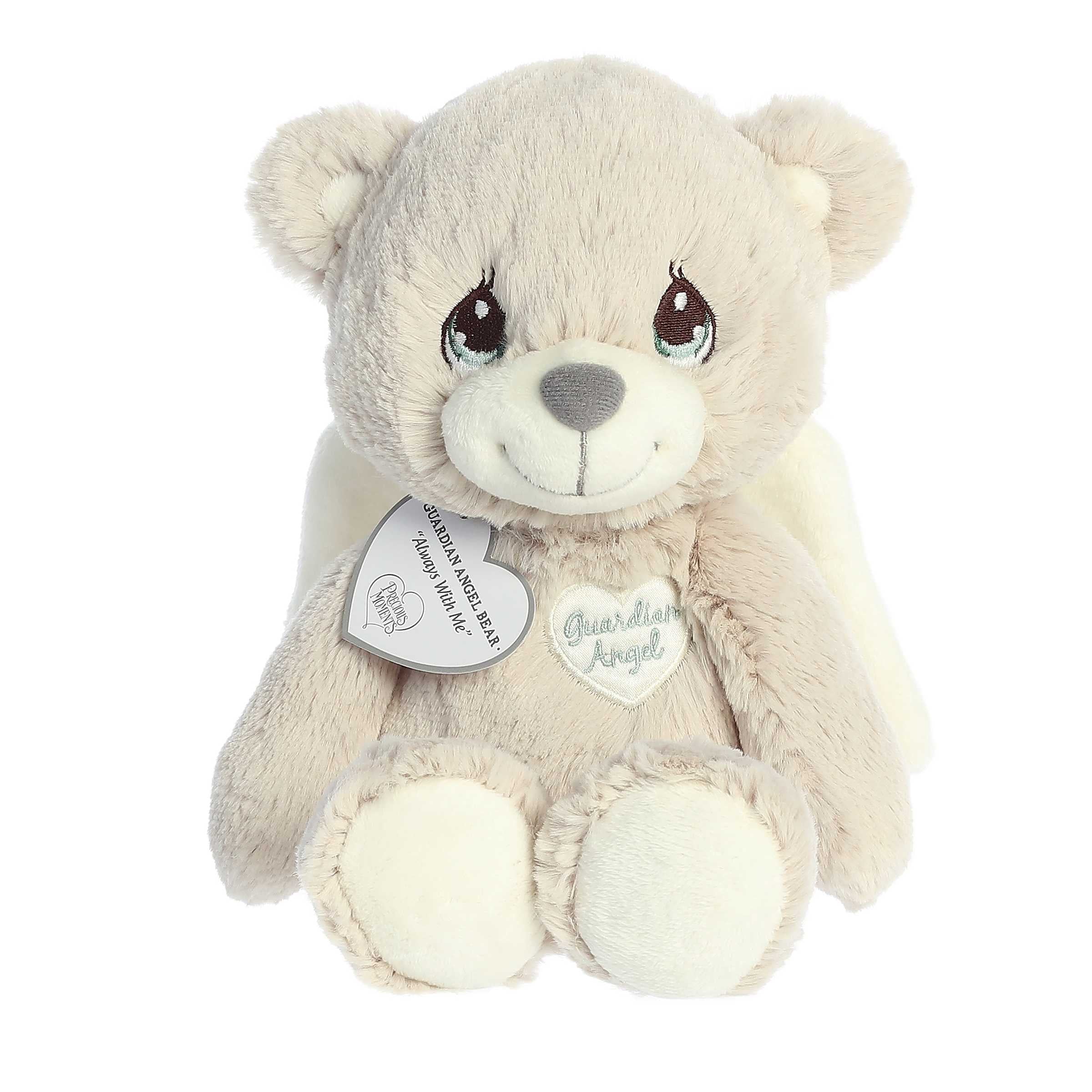 Light beige teddy bear stuffed animal with angel wings and sweet sleepy embroidered eyes
