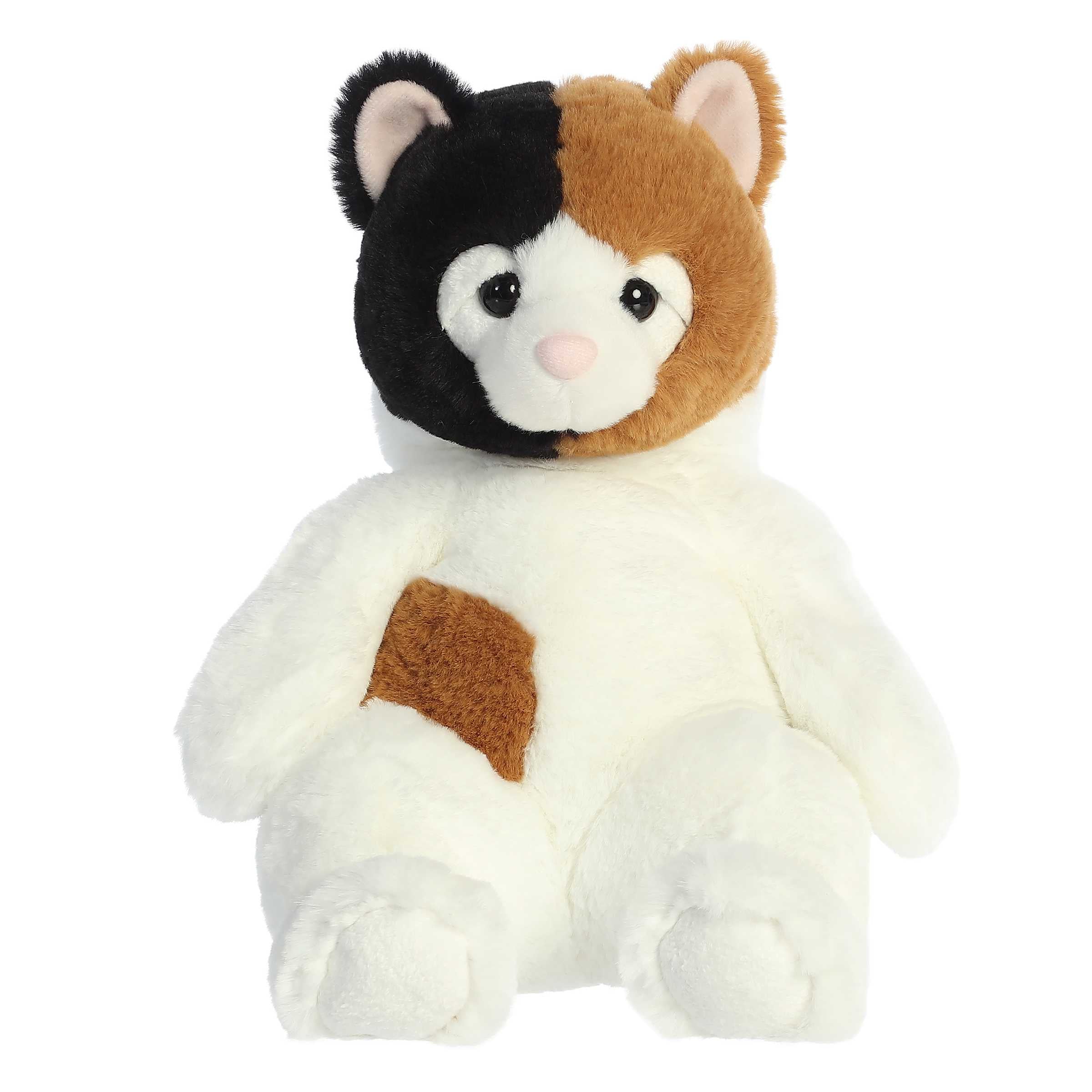 Tri-color calico cat plush with a relaxed posture and expressive face, crafted from ultra-soft materials for snuggles.