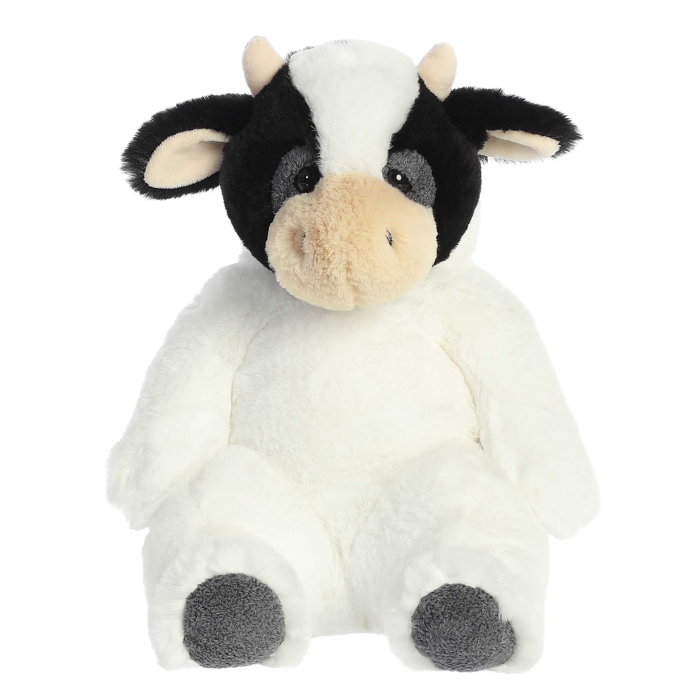 Plush cow with black and white spots, soft horns, and a sleepy expression, made from ultra-soft materials for snuggling.