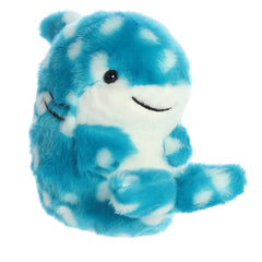 Blue and white patterned whale shark plush with a friendly smile and curious eyes, fits in your palm, by Aurora plush.