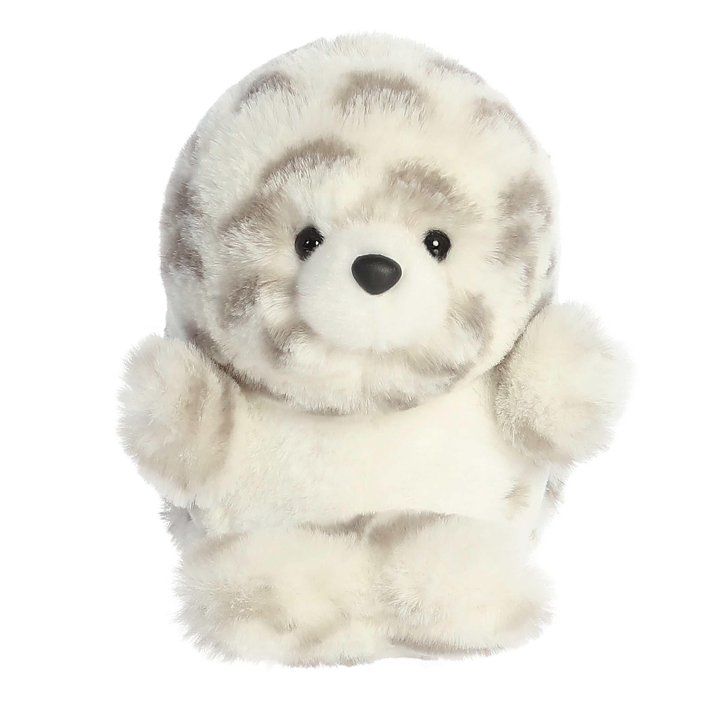 A Seal plush with white and gray spots, balancing adorably, ready for cuddles with an extra-fluffy head and charming pose.