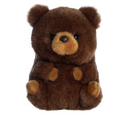 Luscious Brown Bear plush with a tan snout, with arms hugged against its tummy, feet pointed up, while balancing on its rear.