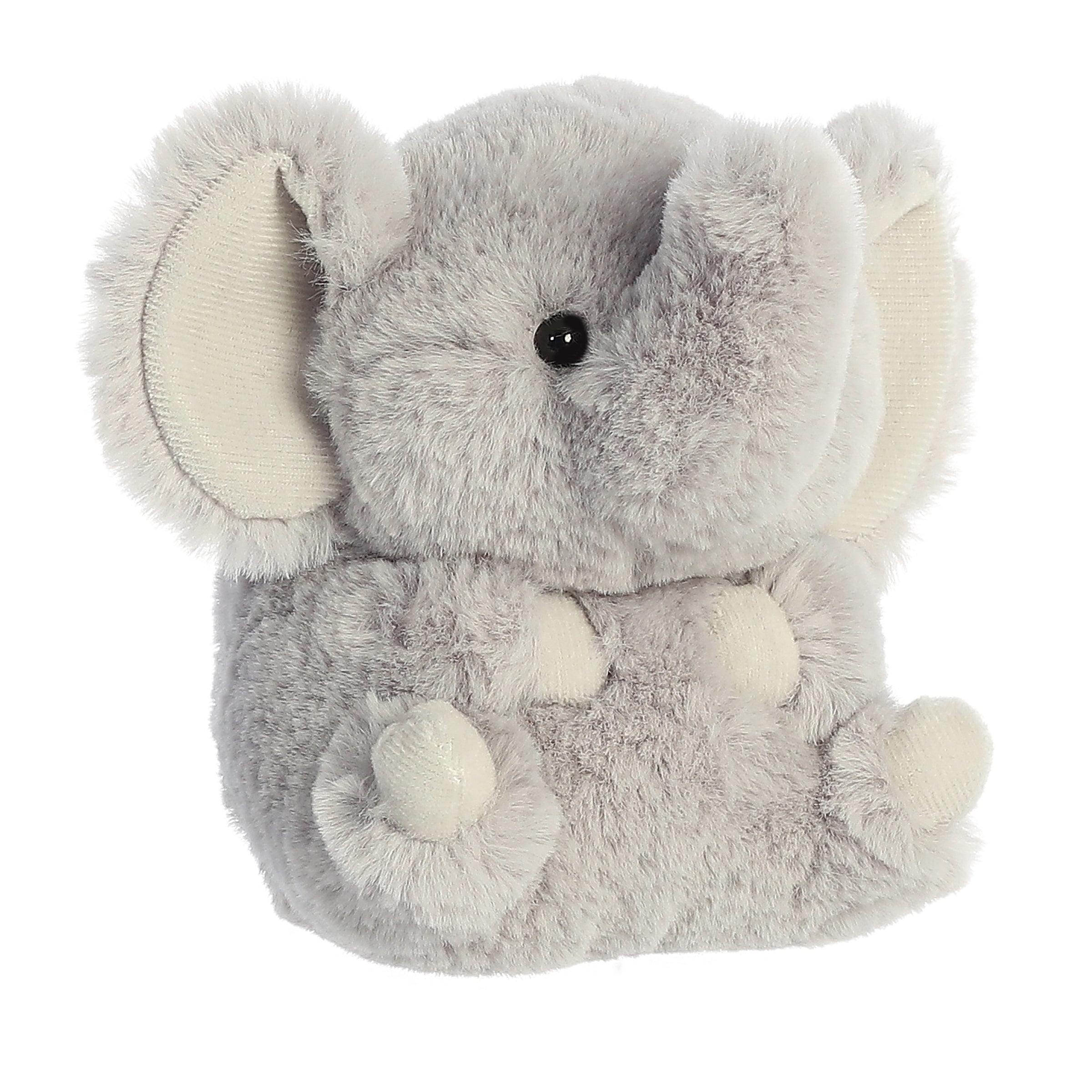 Fluffy gray Elephant plush with large ears and a joyful pose, hugging its tummy with its cute legs playfully up in the air.