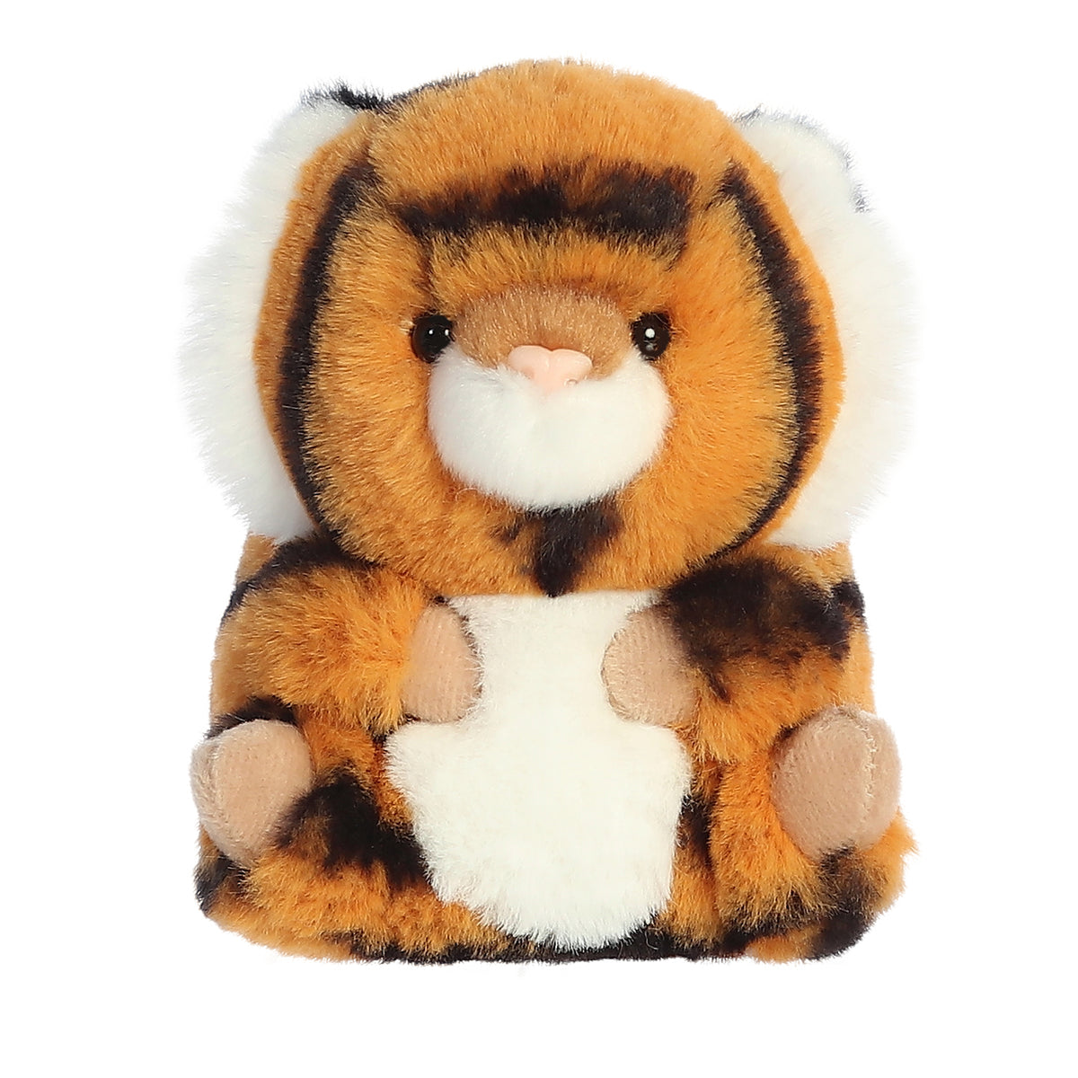 A Tiger plush with bright orange and black stripes and charming white-accented ears, with arms around the tummy and legs up.