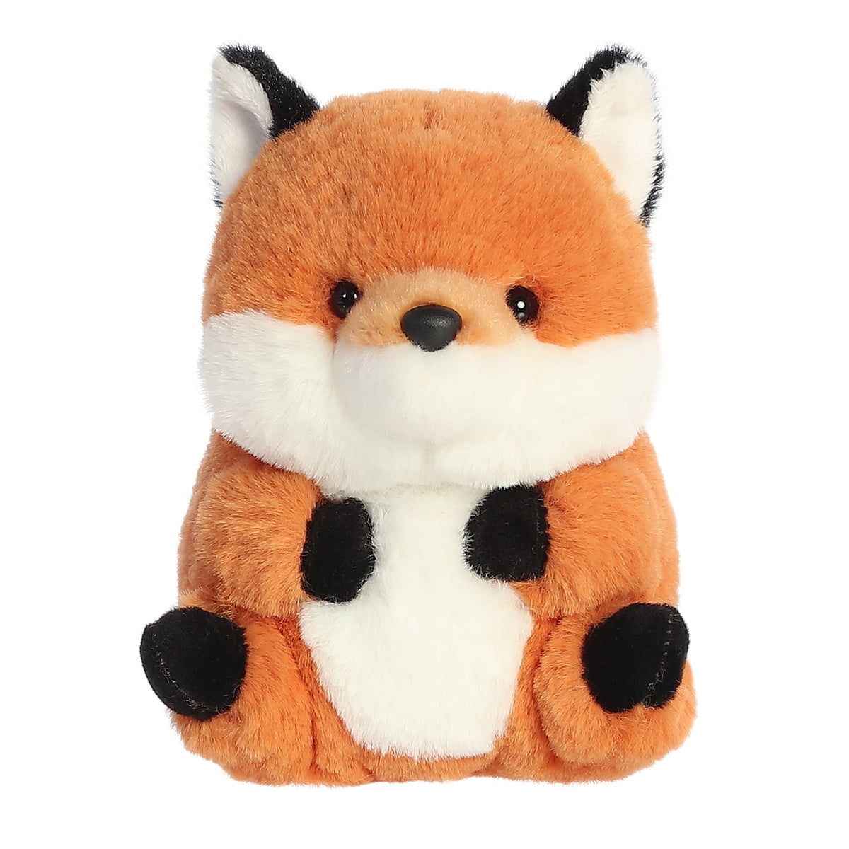 Fox plushie with a vibrant pumpkin-orange coat, charming black paws, and a playful pose, pointing its short legs skyward.