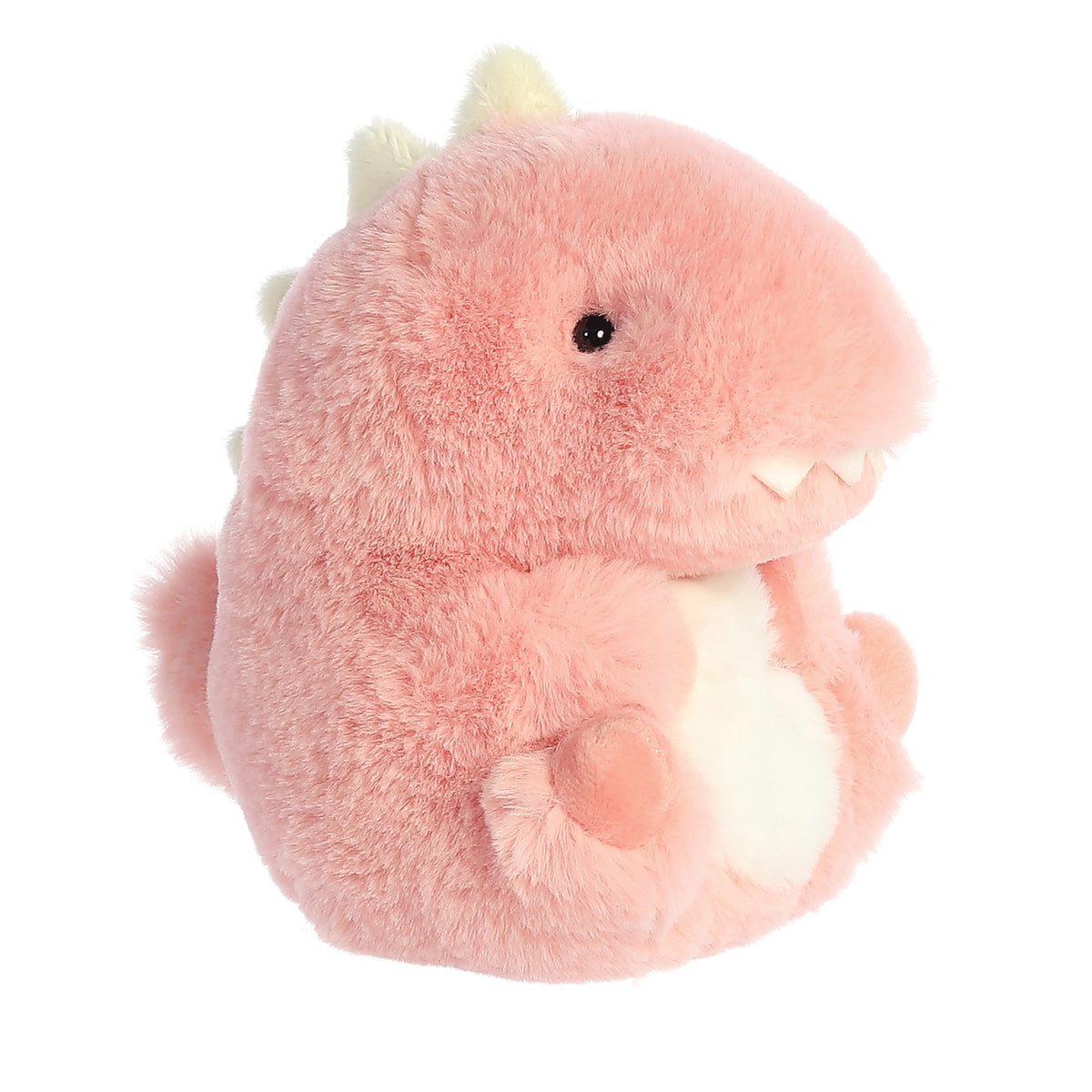 A pink plush dinosaur with stylish white-gold spikes, offering a huggable, adorable twist on a prehistoric creature.