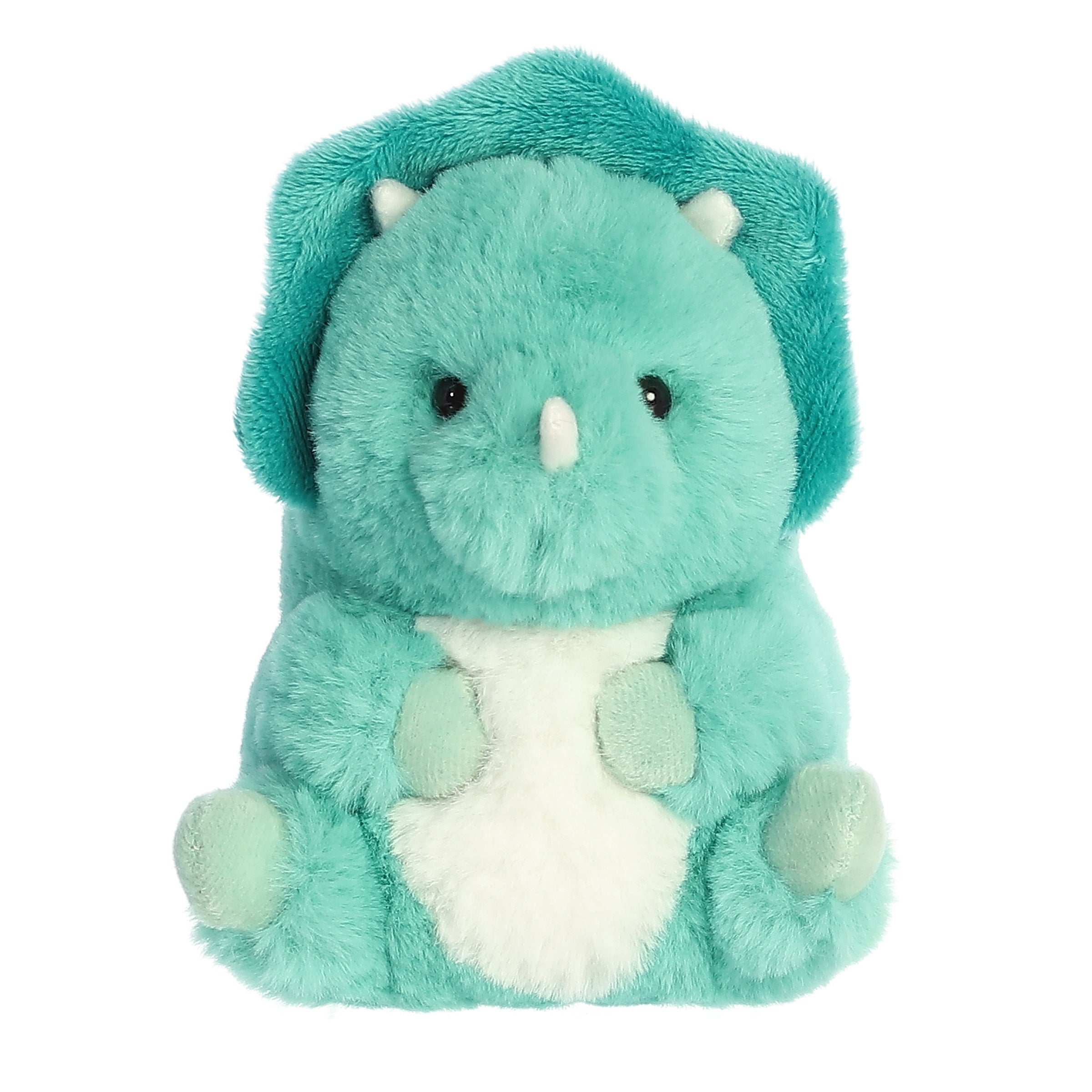 Triceratops plush in a vibrant mineral green with a white belly, sitting playfully on its back, with arms tucked and legs up