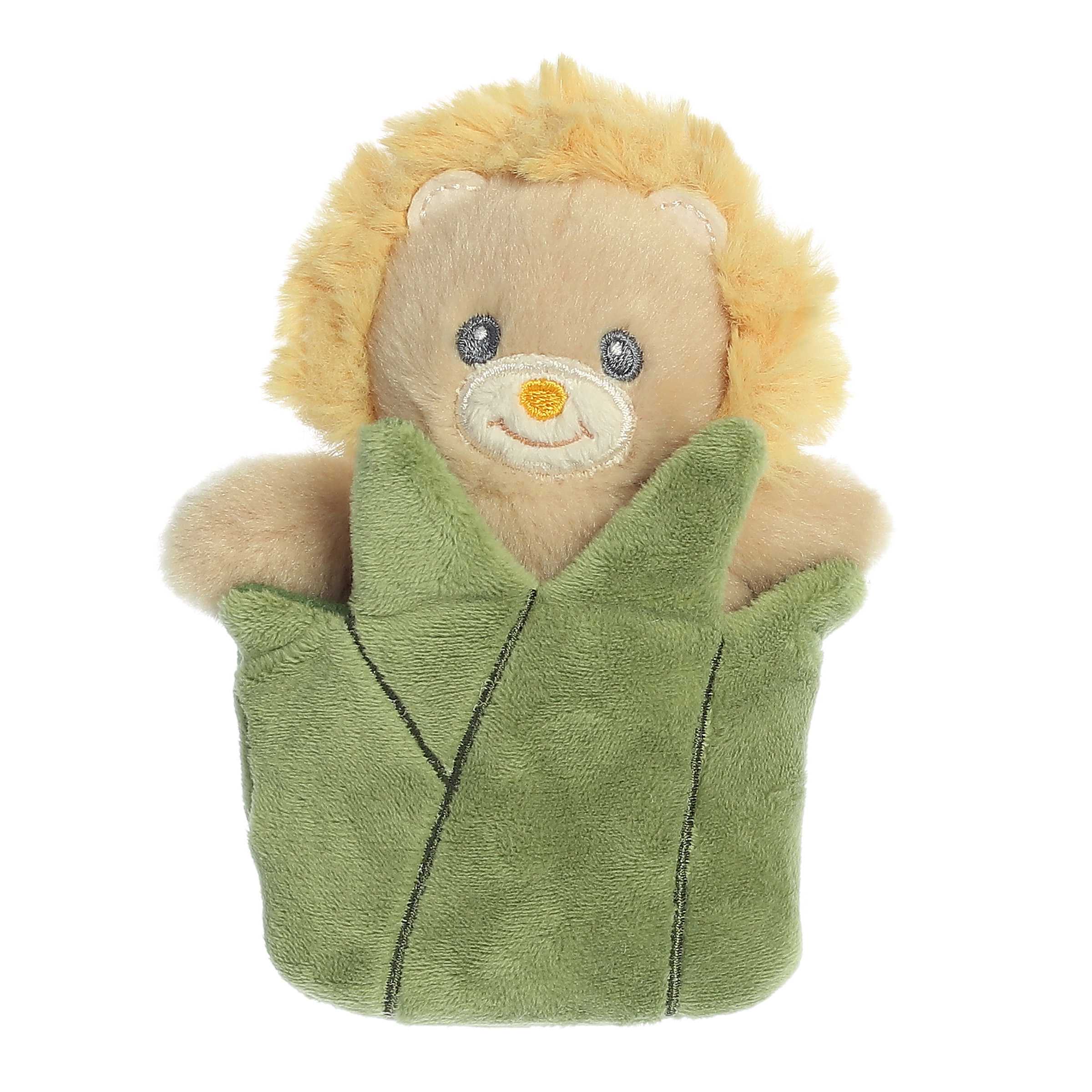 Adorable tan lion stuffed animal with yellow fur and smiling face sitting inside a detachable green bush pocket