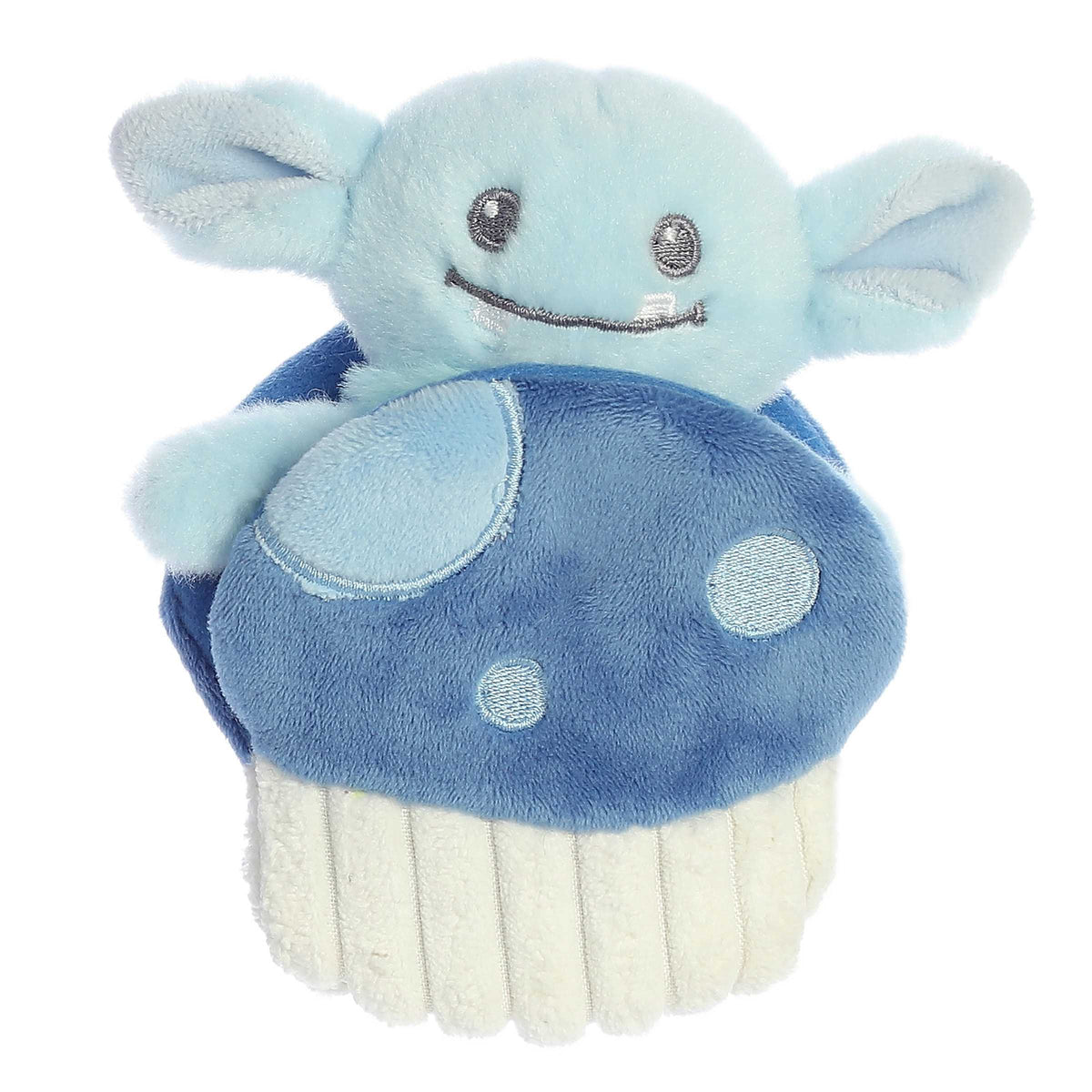 Interactive mini blue Goblin plush rattle toy with smiling face sitting inside a crinkly blue and white mushroom pocket