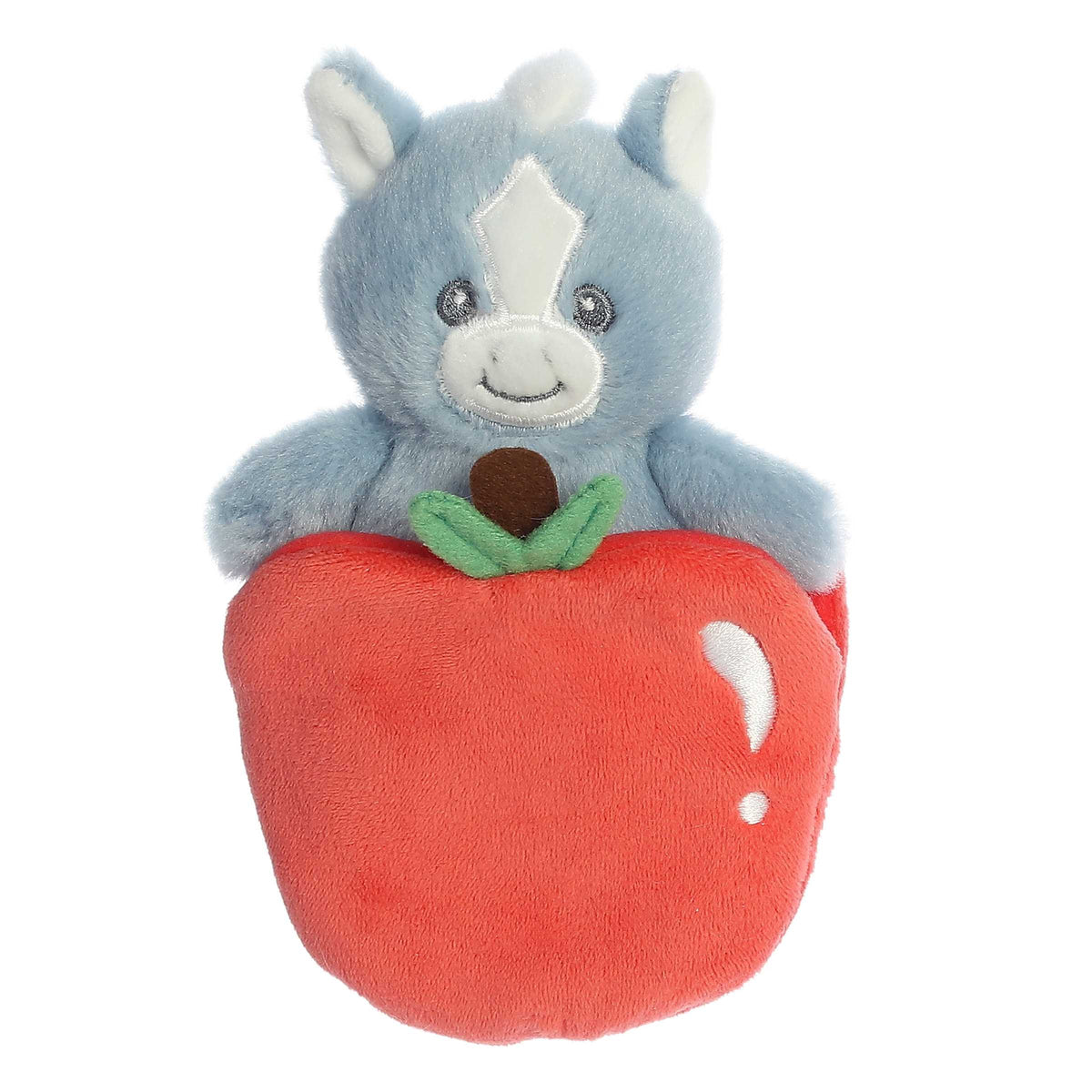 Adorable blue Pony plush rattle toy with smiling face and white accent on ears sitting inside a crinkly red apple pocket