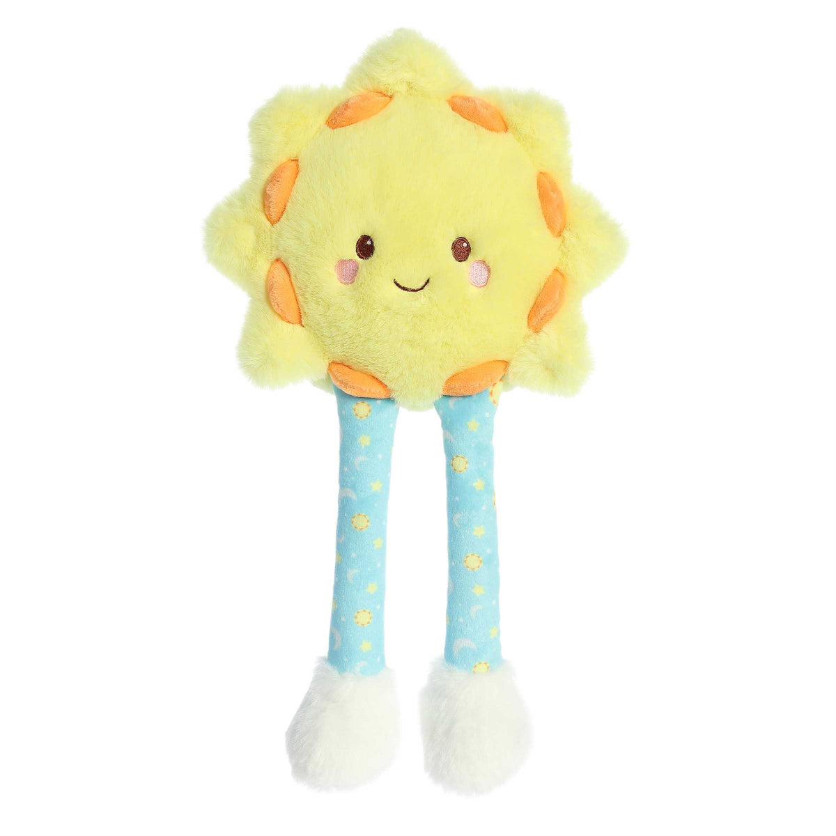 Bright yellow Sun plush toy with yellow body, smiling face, long blue space patterned floppy legs and white fur on feet.
