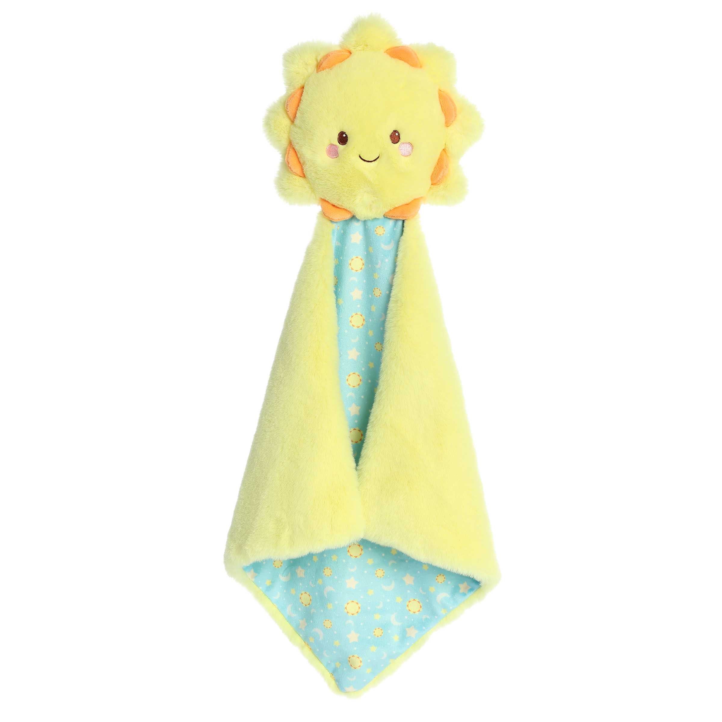 Bright yellow Sun plush with a yellow smiling face and attached white and yellow square shaped space design baby blanket