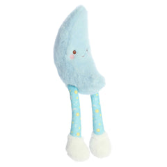 Cuddly blue Moon plush toy with a blue body, smiling face, long blue space patterned floppy legs and white fur on feet.