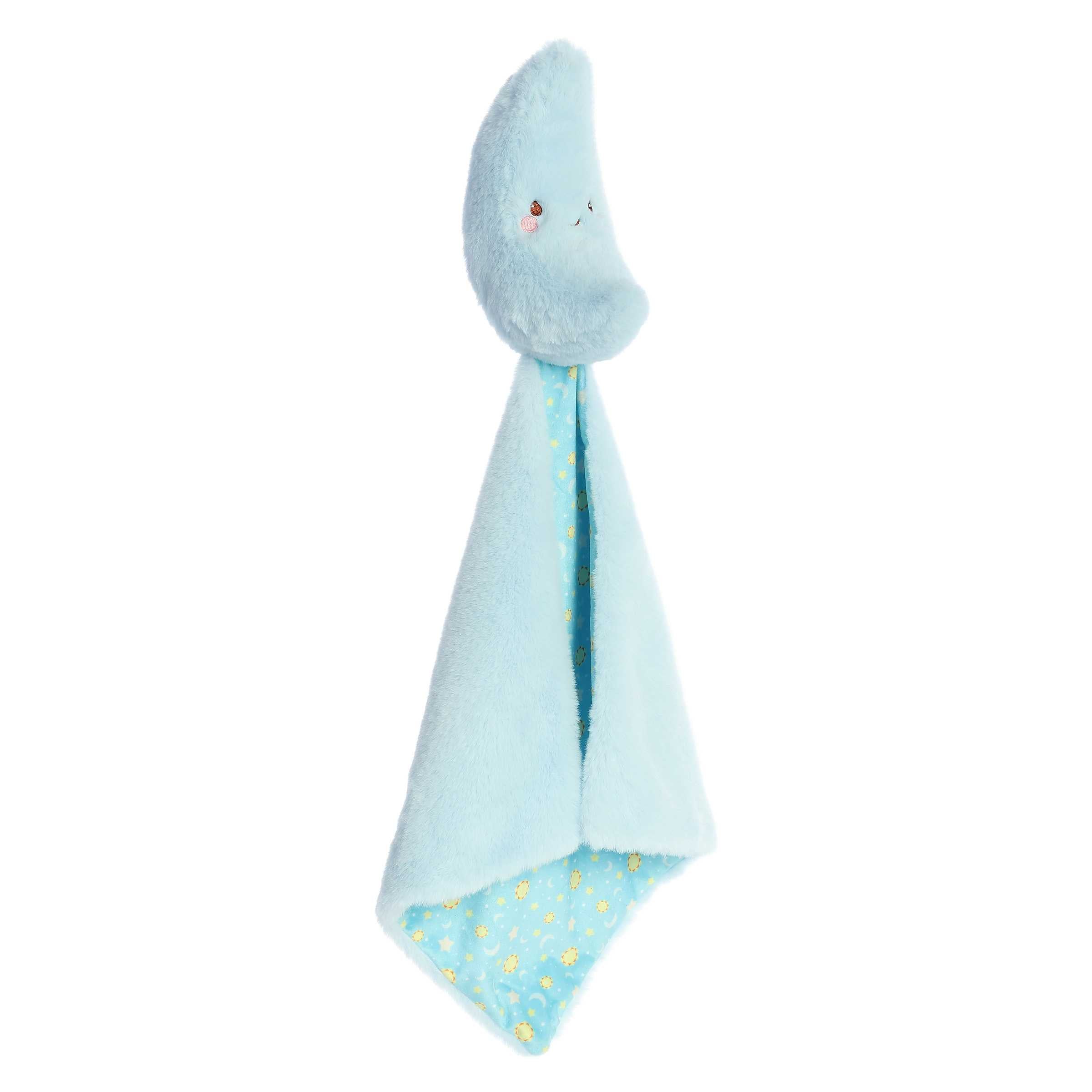 Cuddly blue Moon plush with blue smiling face and an attached square shaped baby blanket with blue fur and space design.