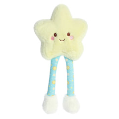 Cuddly Star plush toy with yellow body, smiling face, long blue space patterned floppy legs and white fur on feet.