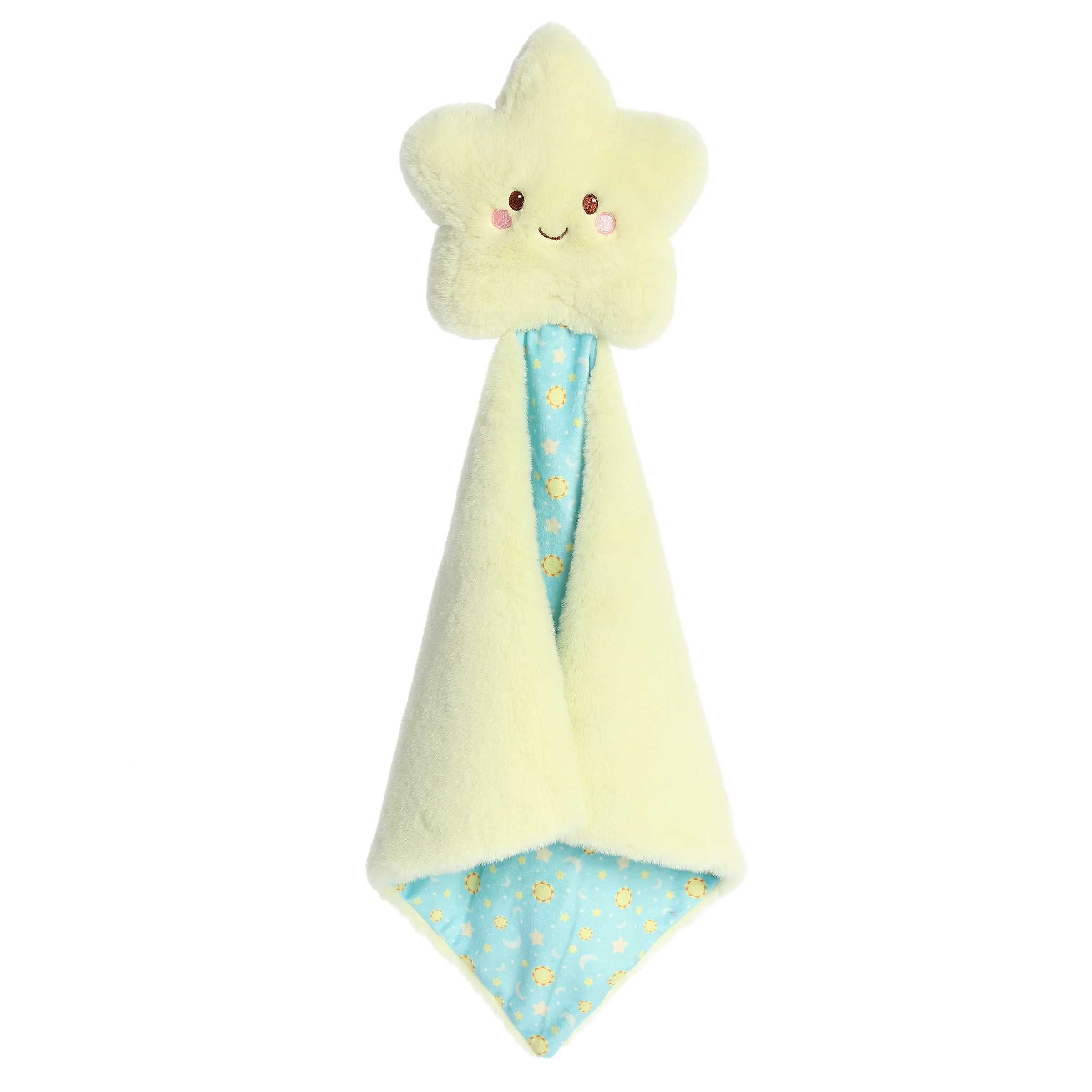 Cuddly yellow Star plush with smiling face and an attached square shaped baby blanket with yellow fur and space design.