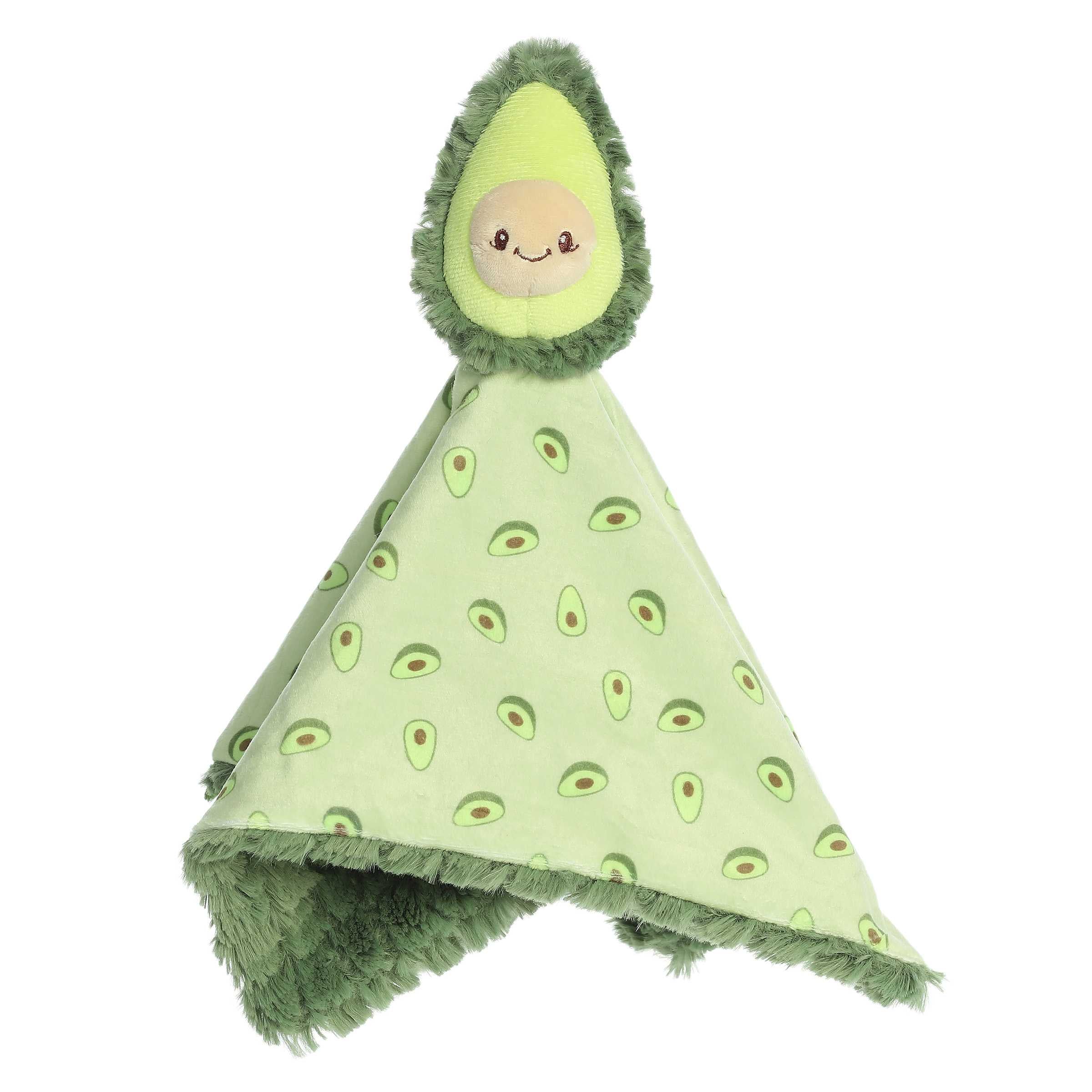 Cuddly Avocado Plush with a green round body and attached green baby blanket with fruit design and green fur on the back