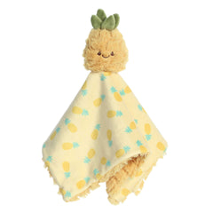 Cuddly Pineapple Plush with a yellow round body and attached baby blanket with fruit design and yellow fur on the back