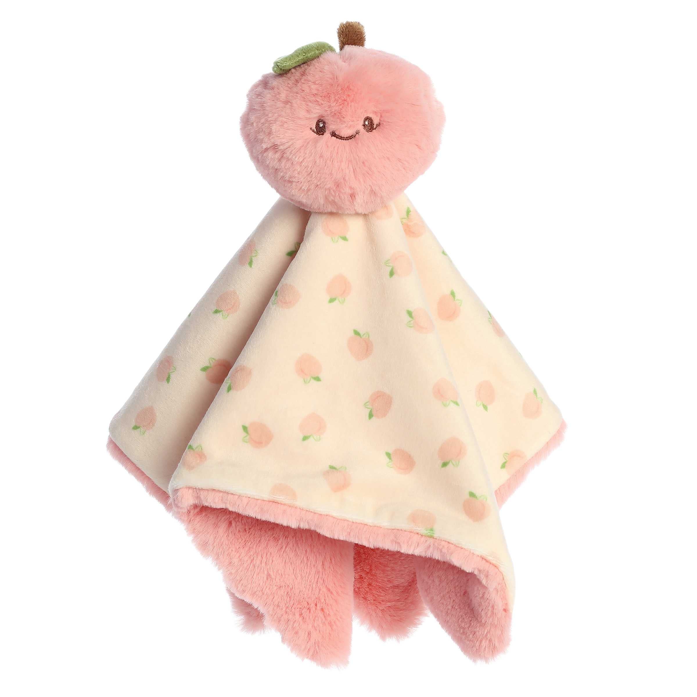 Cuddly Peach Plush with a pink round body and attached cozy baby blanket with fruit design and soft pink fur on the back
