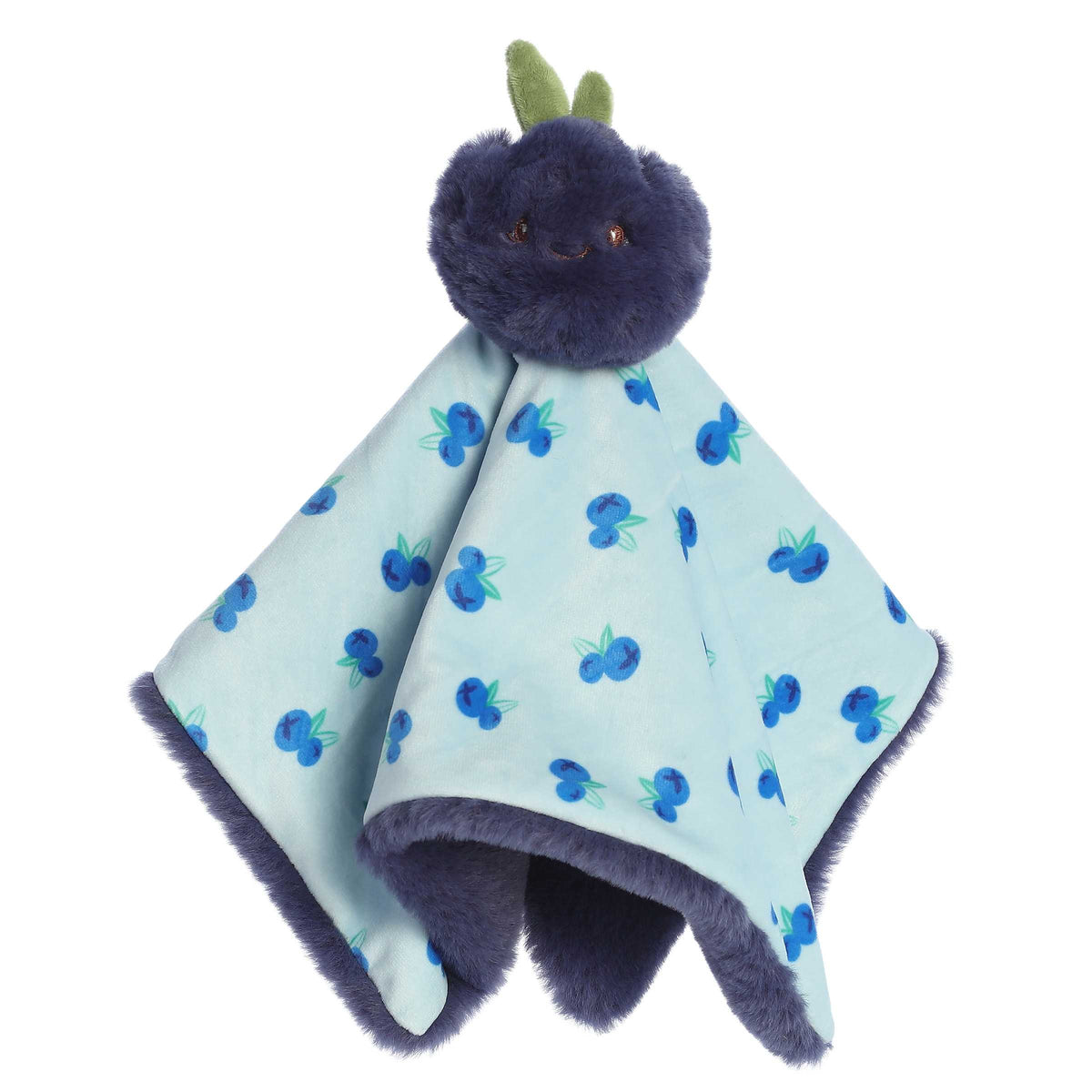 Cuddly Blueberry Plush with a purple round body and attached blue baby blanket with fruit design and fur on the back