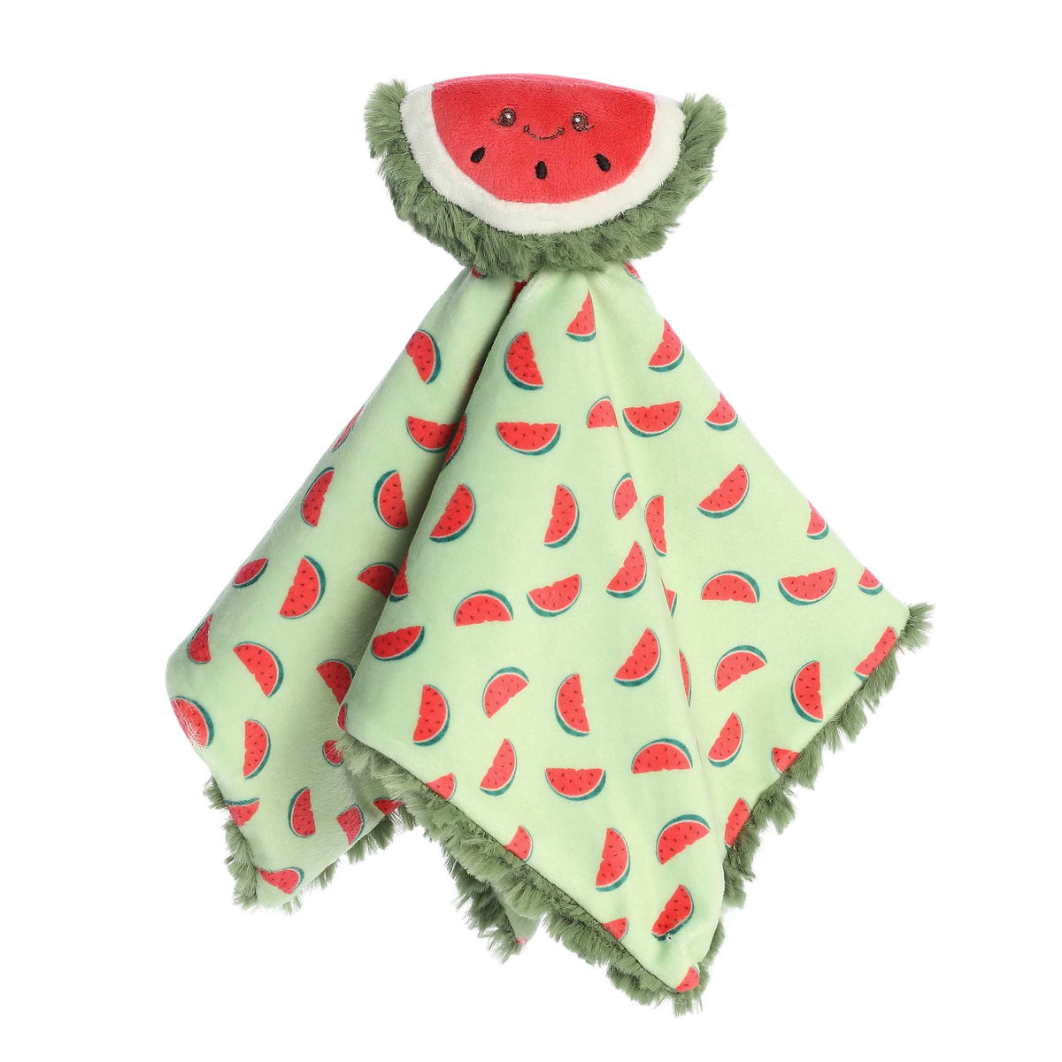 Cozy Watermelon Plush with a red and white body, attached baby blanket with fruit design and soft green fur on the back.