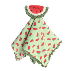 Cozy Watermelon Plush with a red and white body, attached baby blanket with fruit design and soft green fur on the back.