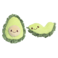 Playful Avocado plush toy set with green avocado rattle and slice crinkle, designed with a green fur and smiling face