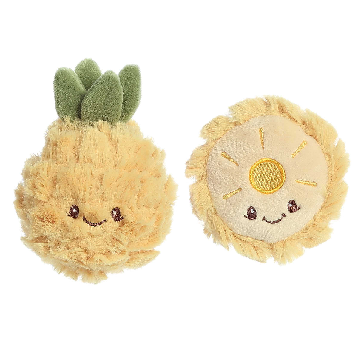 Playful Pineapple plush toy set with pineapple rattle and slice crinkle, designed with a yellow fur and smiling face