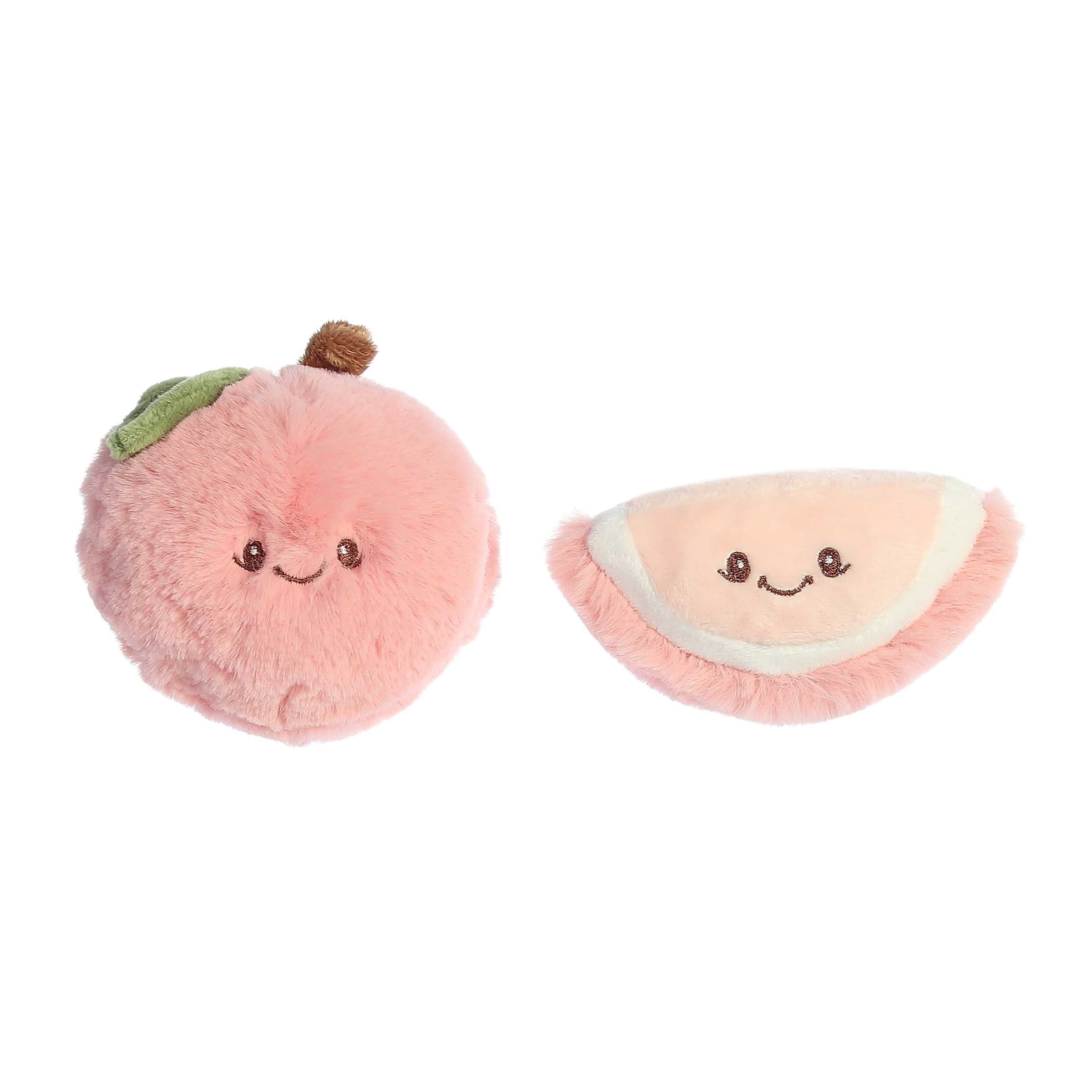 Playful Peach plush toy set with peach rattle and slice crinkle, designed with a smiling face, pink fur, and green leaf
