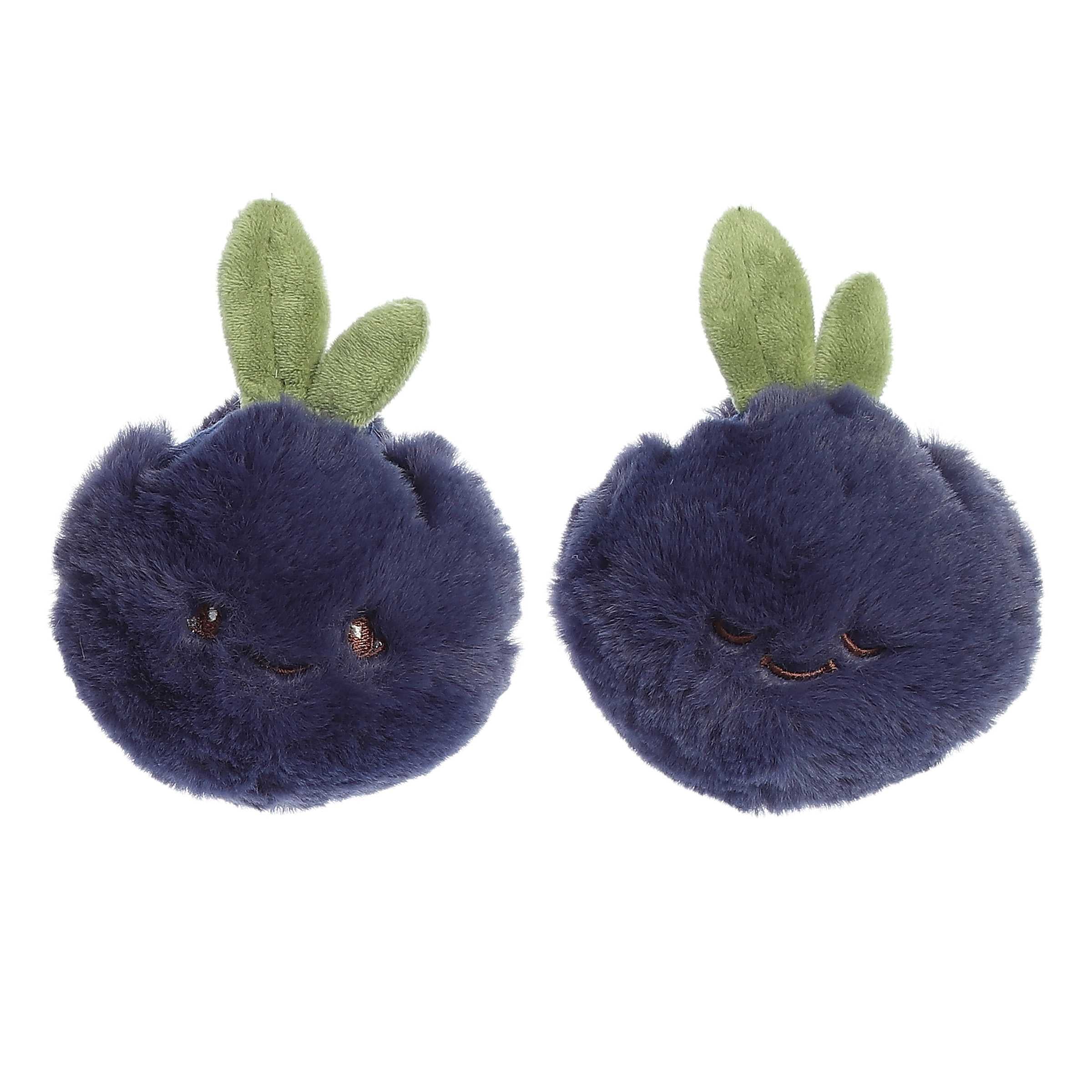 Playful Blueberry plush toy set with blueberry rattle and slice crinkle, designed with soft purple fur and green leaf