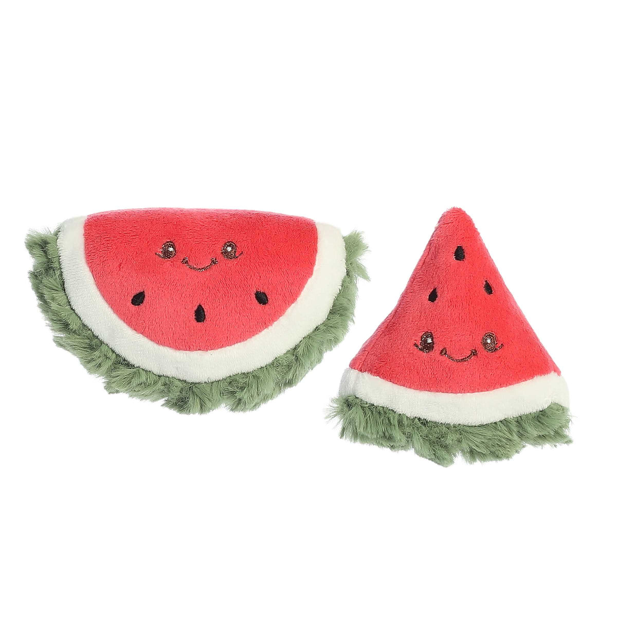 Playful Watermelon plush toy set with red and white watermelon rattle and slice crinkle with smiling face and green fur