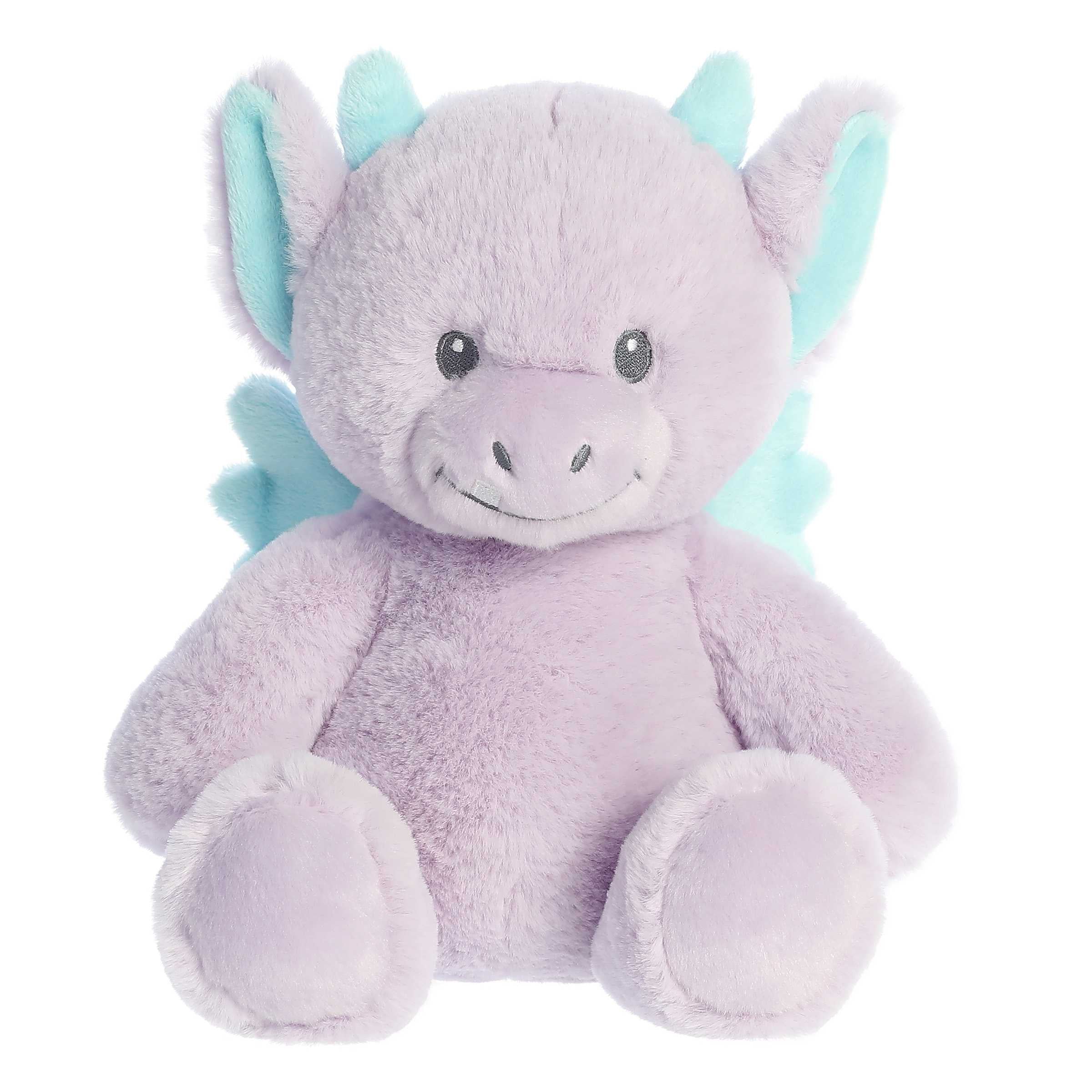 Adorable Dani Dragon plush toy with light purple body, smiling face and blue wings and horns in a sitting position.