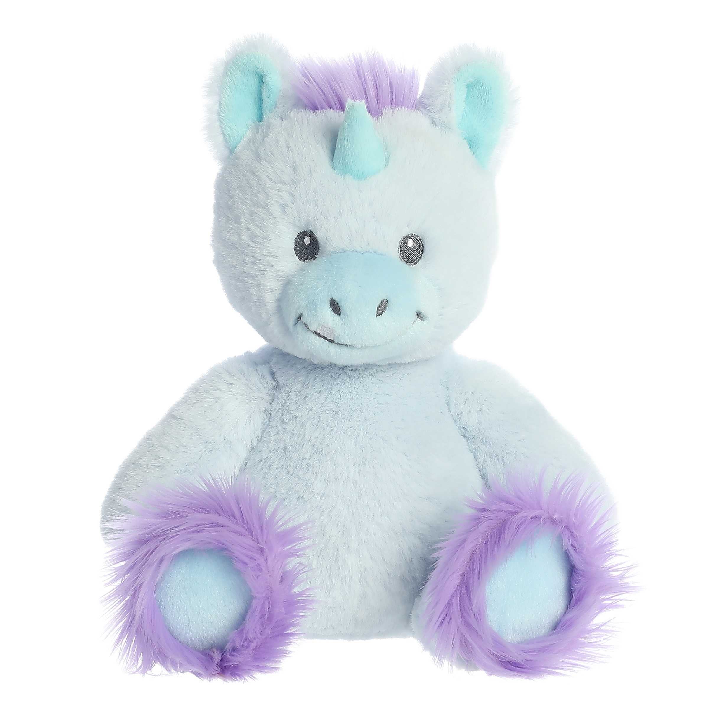 Adorable blue Unicorn plush toy with a smiling face, purple fur on feet and head, and a blue horn in a sitting position.