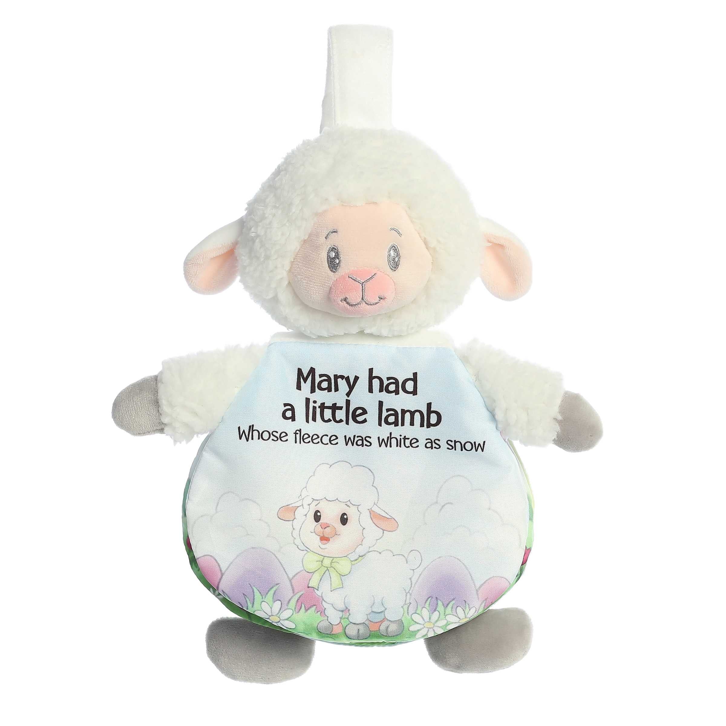 Adorable Mary Had A Little Lamb story book with crinkly pages and pictures, with attached plush white and pink lamb toy
