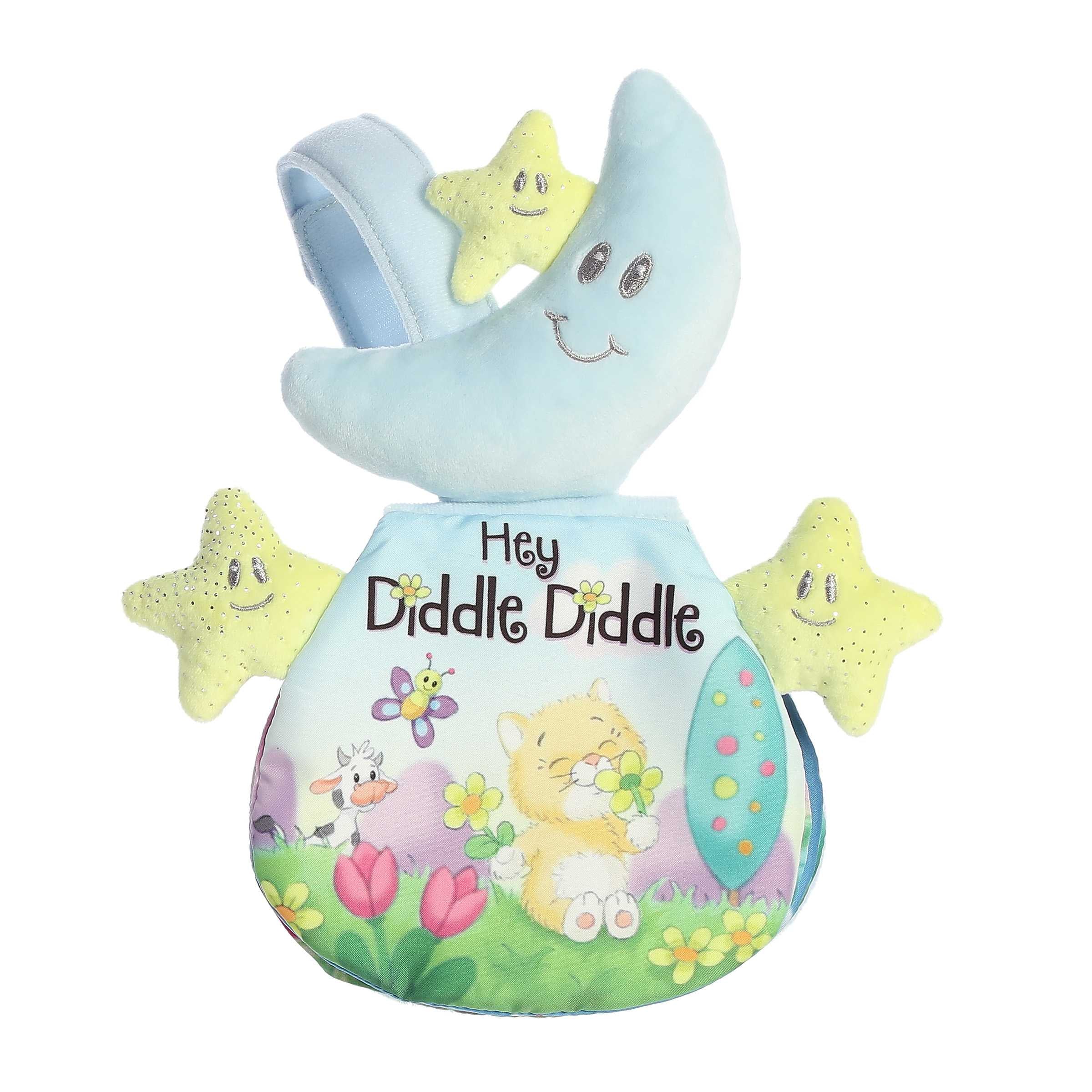 Adorable Hey Diddle Diddle book with crinkly pages and pictures, attached hook, and blue moon and yellow stars plush toy