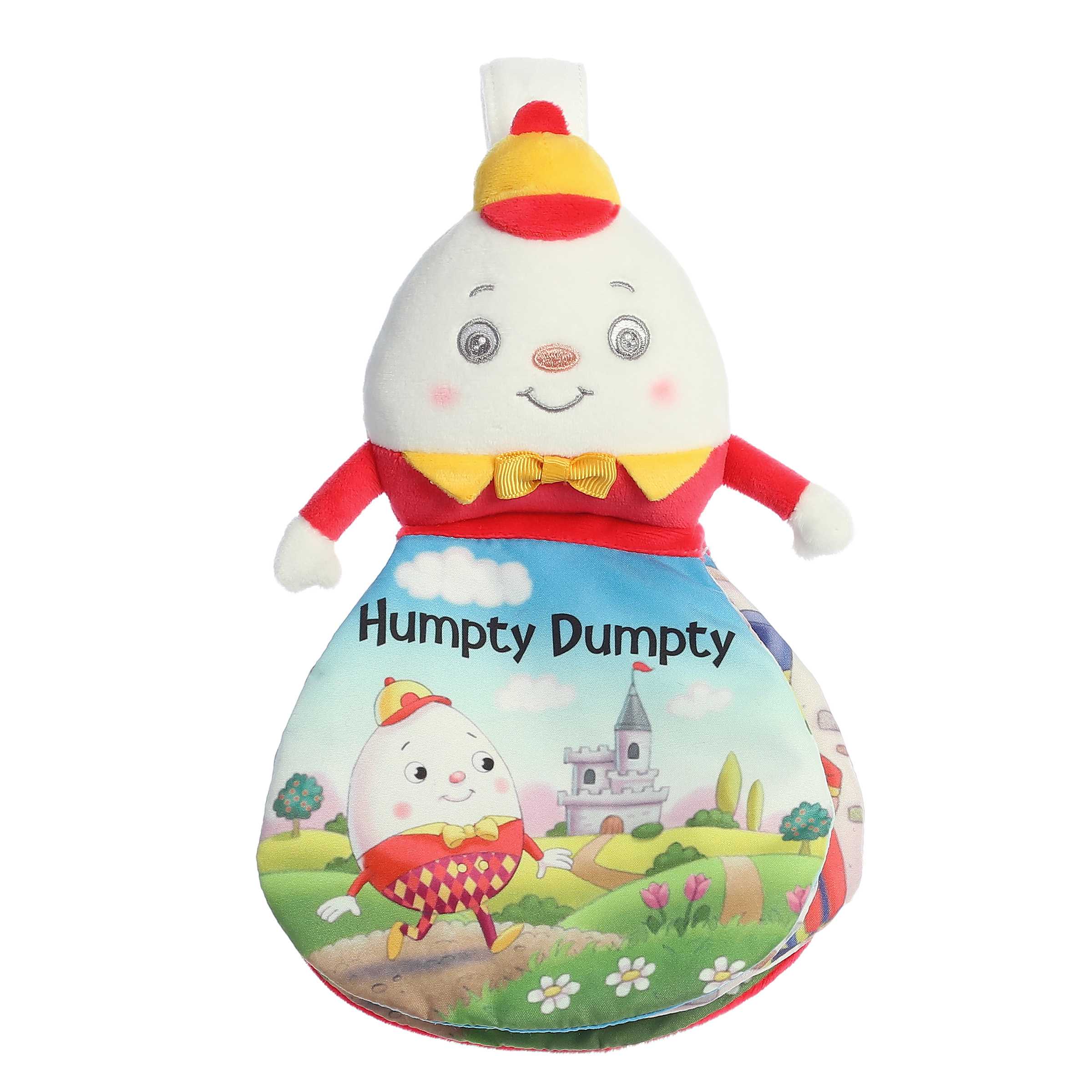 Playful Humpty Dumpty storybook with crinkly pages and pictures, attached hook, and with an egg wearing a red suit