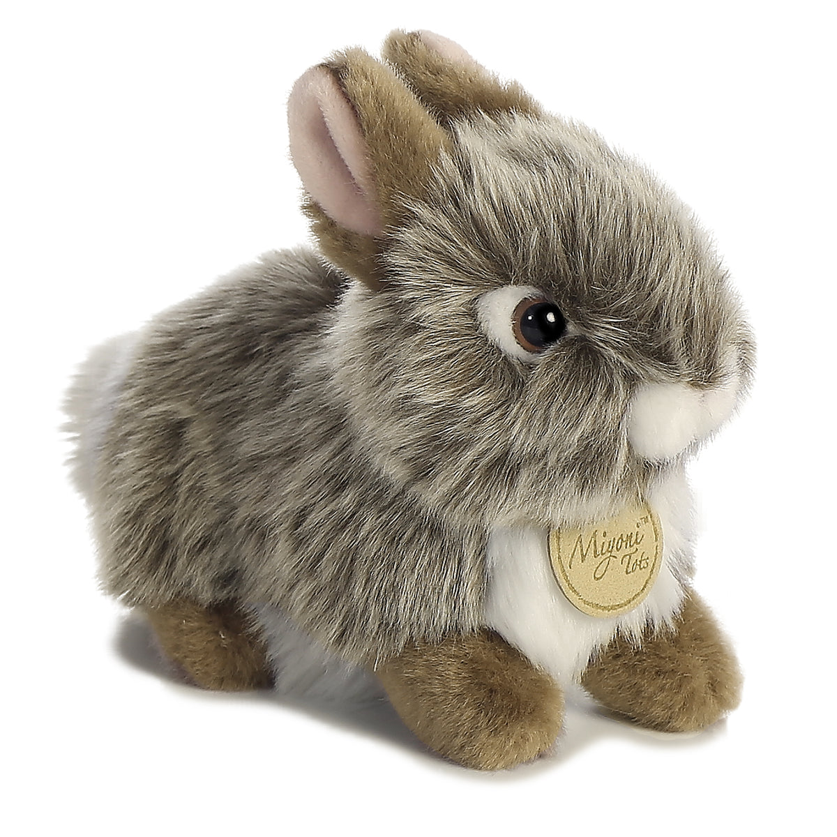 Grey Baby Bunny plush from Miyoni by Aurora, featuring realistic soft grey fur and bright eyes
