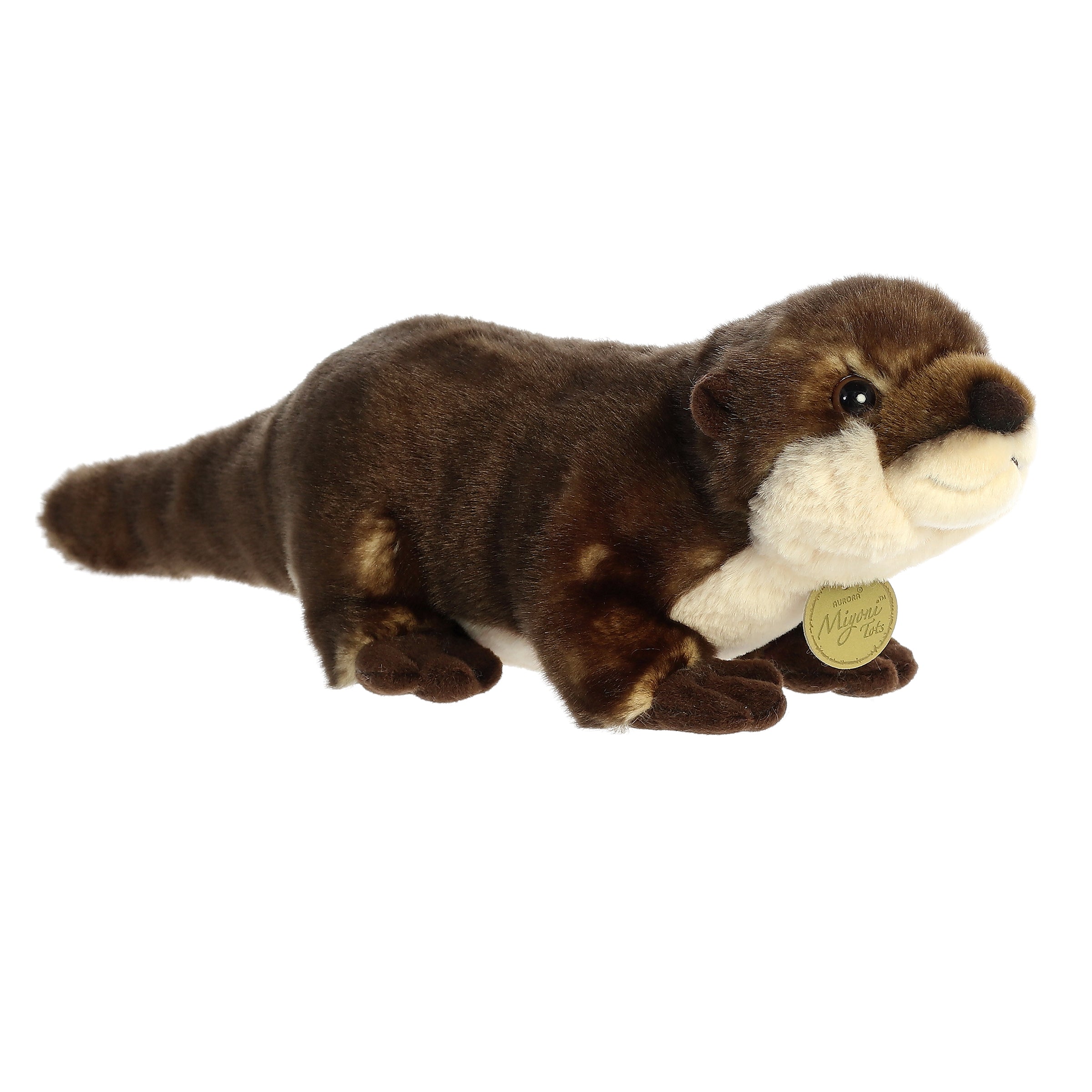 River Otter Pup plush with a soft, chocolate brown coat and a sweet, cashew-colored tummy, and a unique hang tag on its neck.