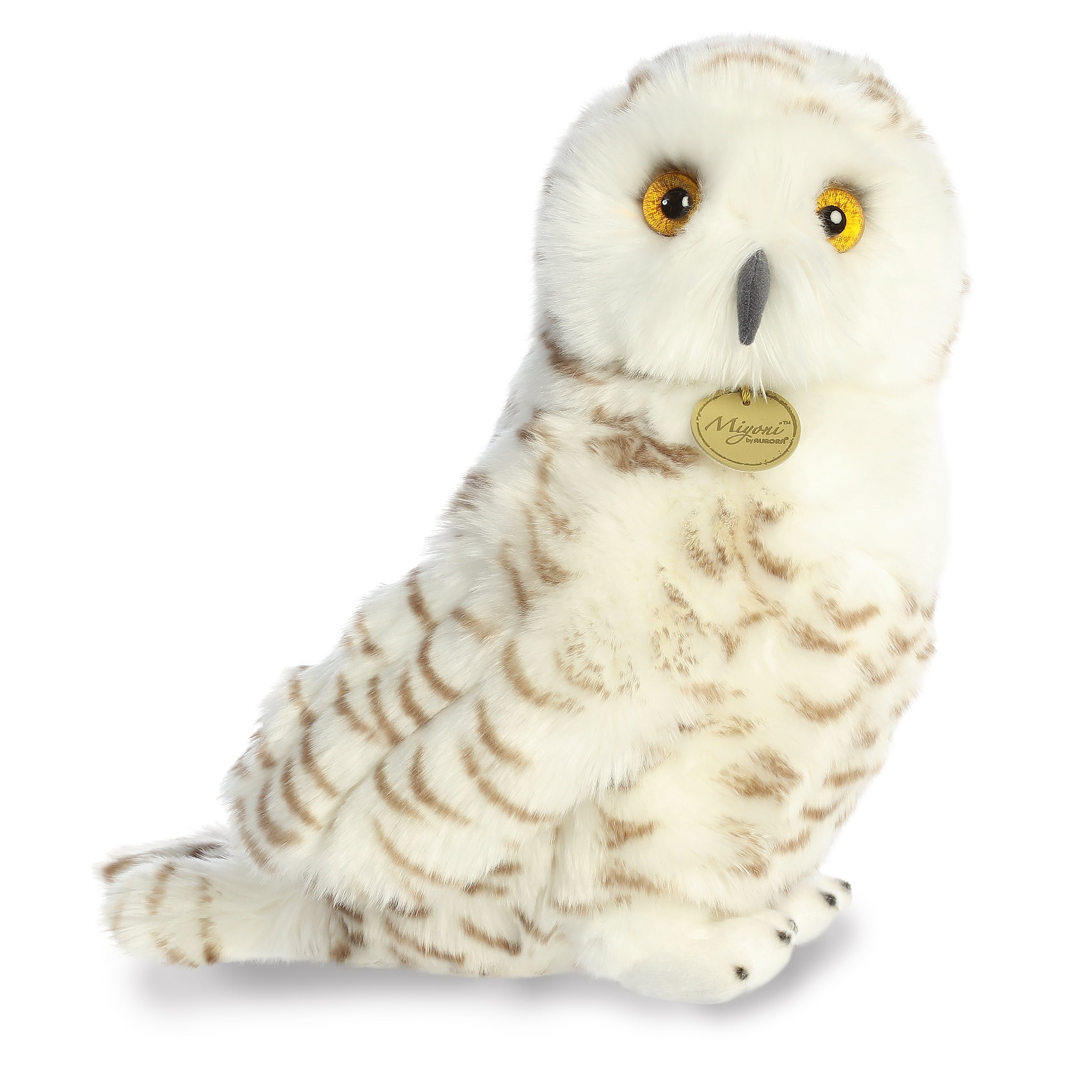 Snowy Owl plush with snowy-white body and detailed brown accents, soulful dark yellow eyes, and a miyoni hang tag on its neck