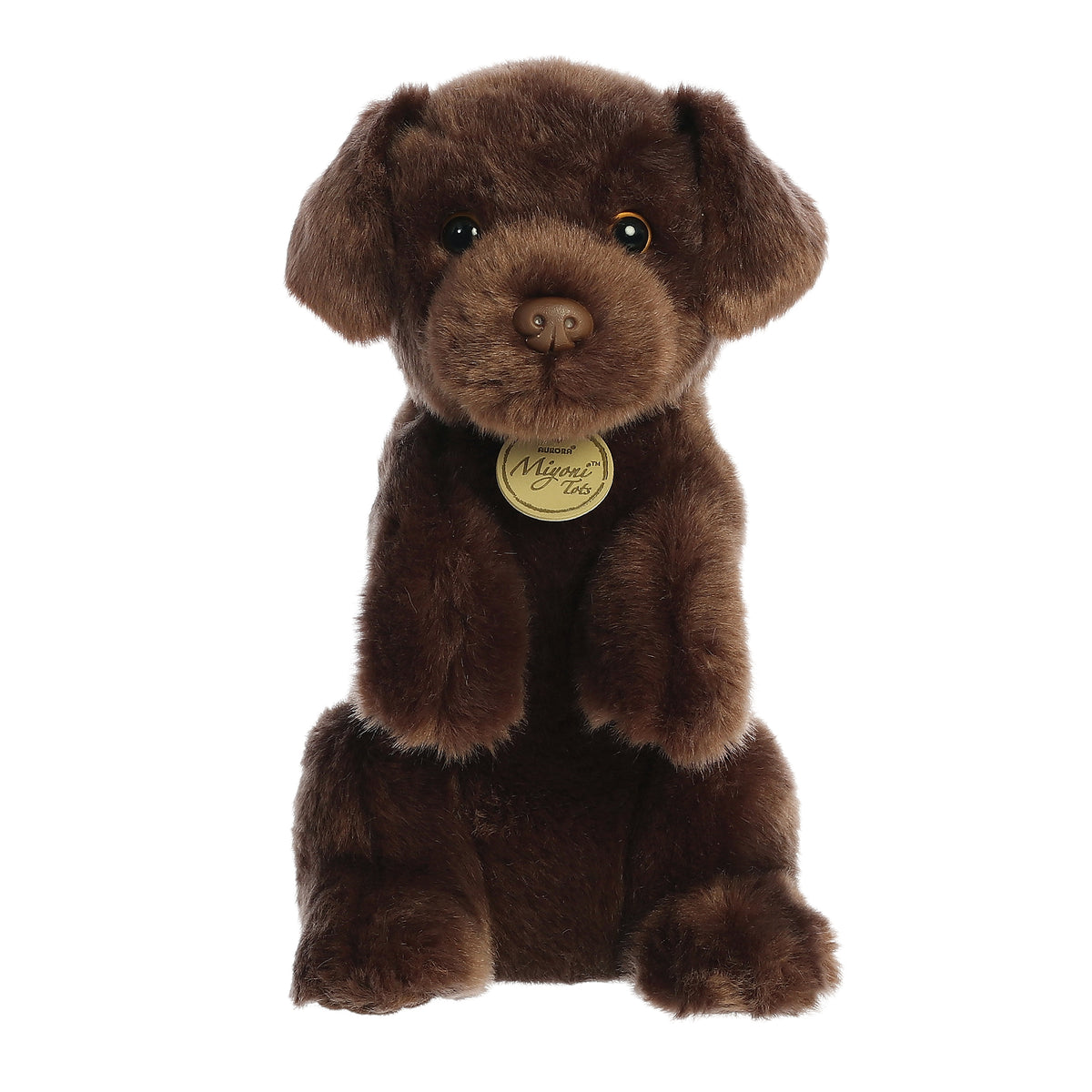 Adorable Miyoni Chocolate Lab plush, sitting playfully with a luxurious dark brown coat, and a realistic plastic nose.